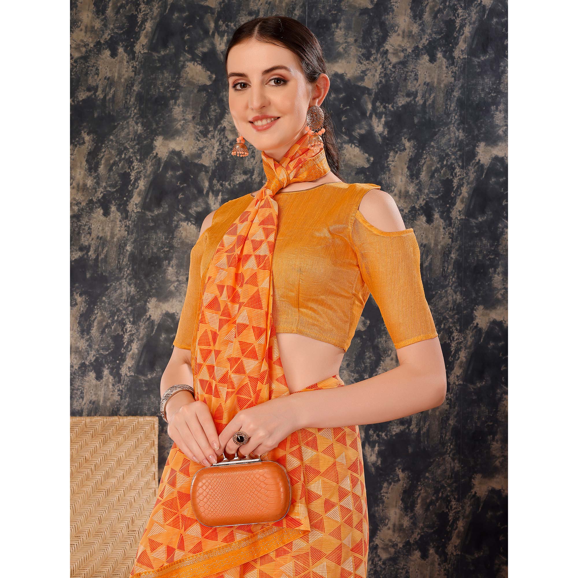 Peachmode Light Orange Geometric Printed Chiffon Saree With Lace Border - view 7