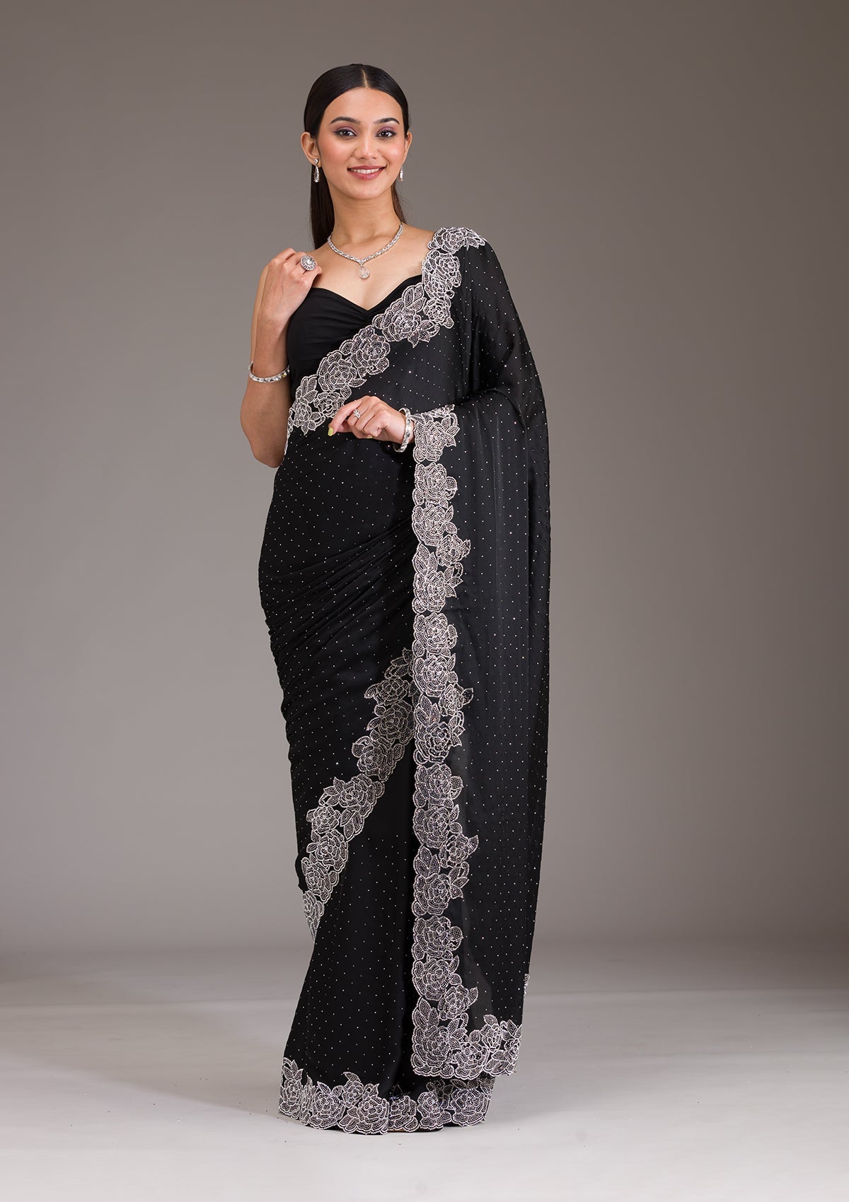 Koskii Black Swarovski Satin Saree – Women's
