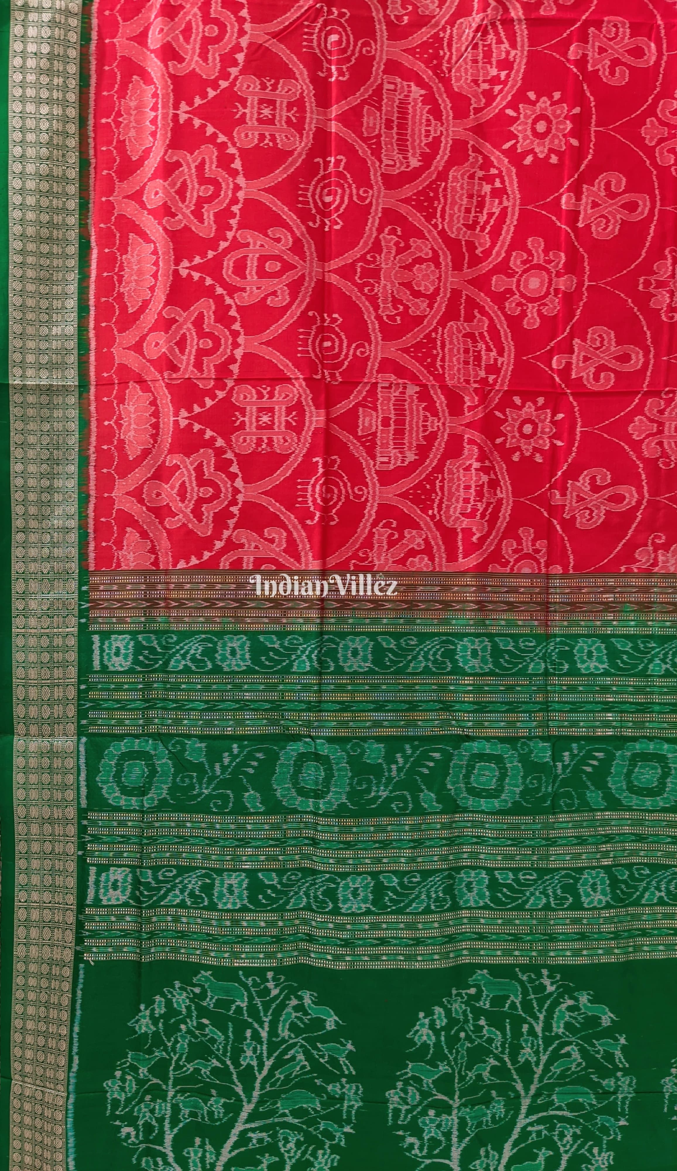 IndianVillèz Reddish Orange Green Sambalpuri Bomkai Silk Saree - view 4
