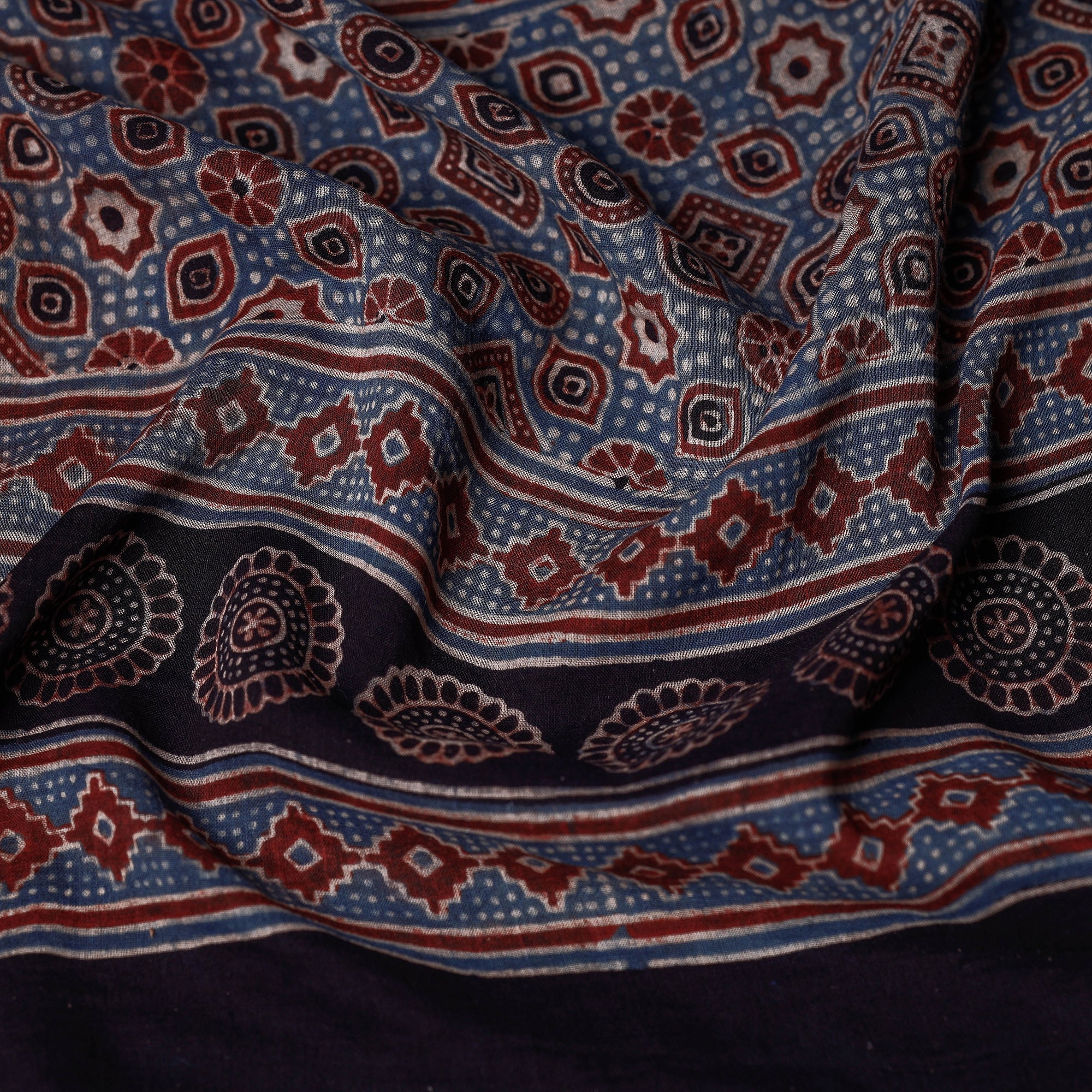 AJRAKH BY SUFIYAN ISMAIL KHATRI Blue - Ajrakh Block Printed Mul Cotton Stole With Tassels - view 2