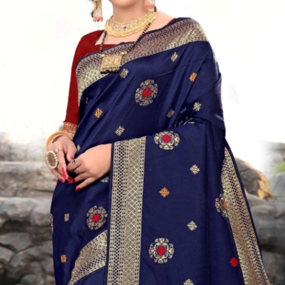Peachmode Desirable Navy Blue Colored Festive Wear Woven Lichi Silk Saree - view 3