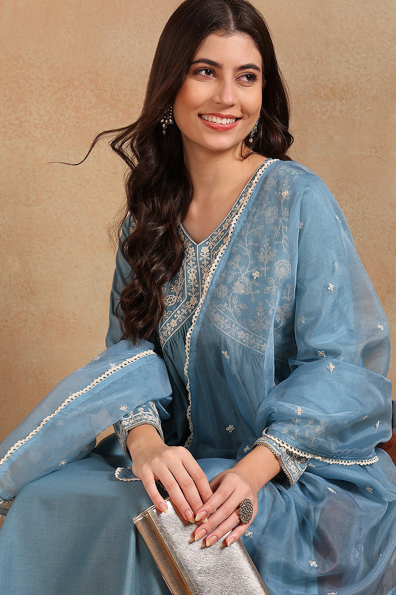 Ahika Blue Silk Blend Solid Embroidered Anarkali Suit Set PKSKD2013 - view 3