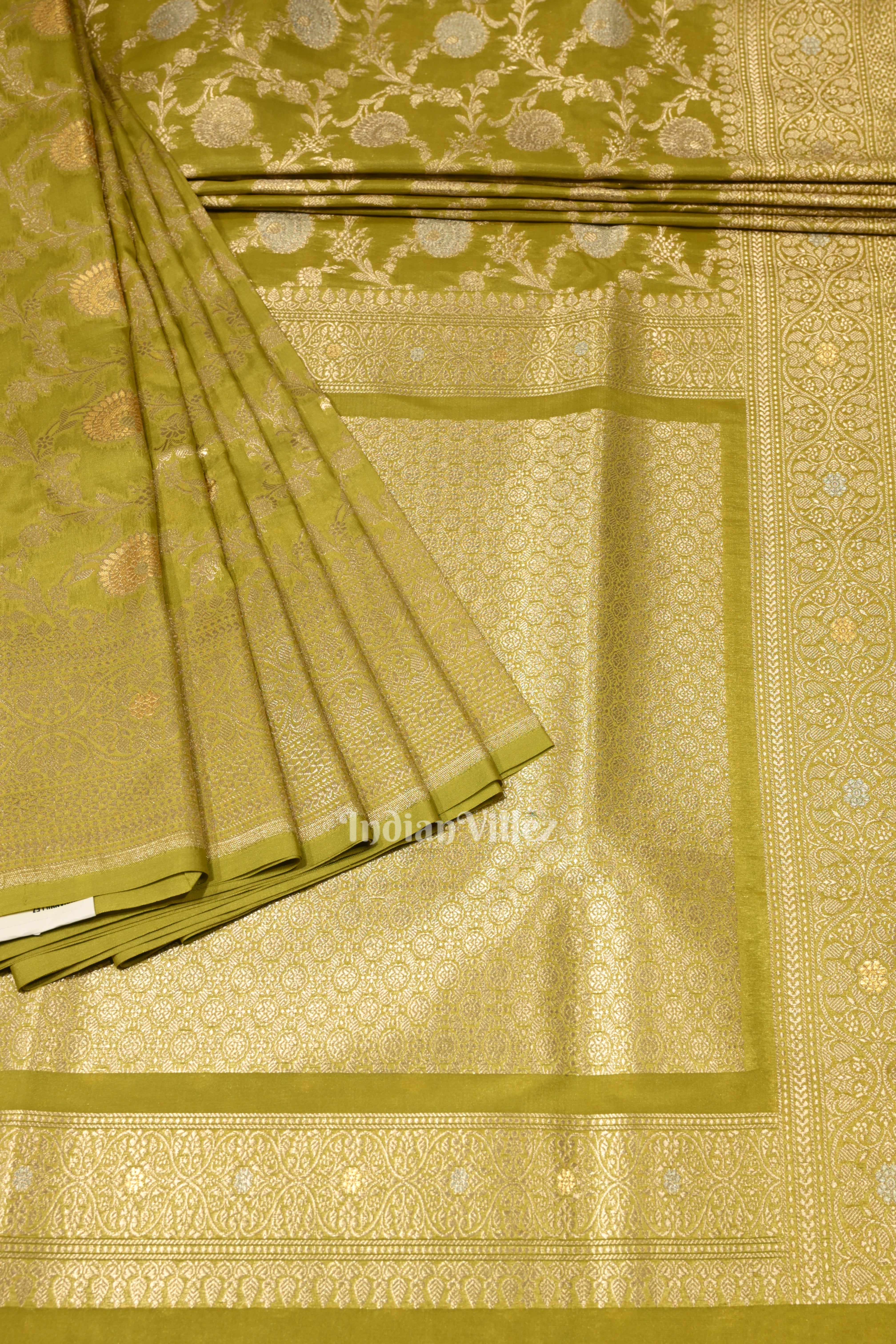 IndianVillèz Mehendi Green Meenakari Pure Mashru Satin Silk Banarasi Saree