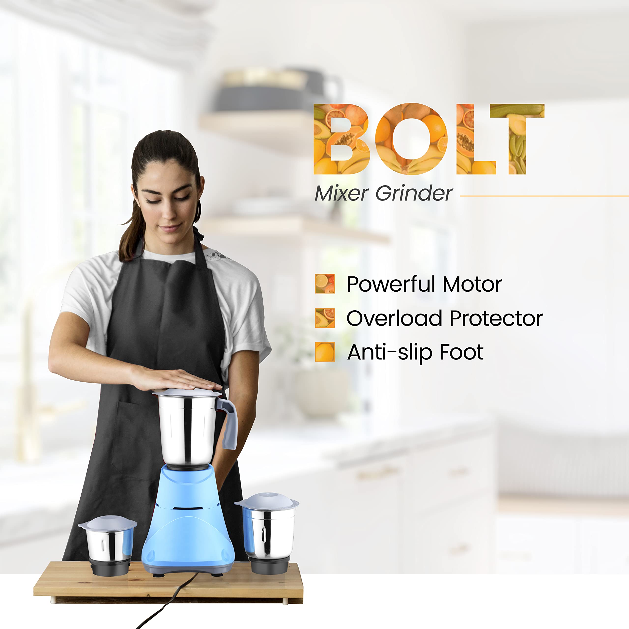 Candes Bolt 550-Watt Mixer Grinder with 3 Jars, Powerful Motor and 2 Year Warranty on Motor, (Blue Grey) - view 2