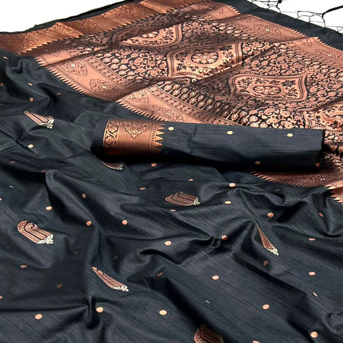 Peachmode Grey Woven Cotton Silk Saree With Tassels - view 2