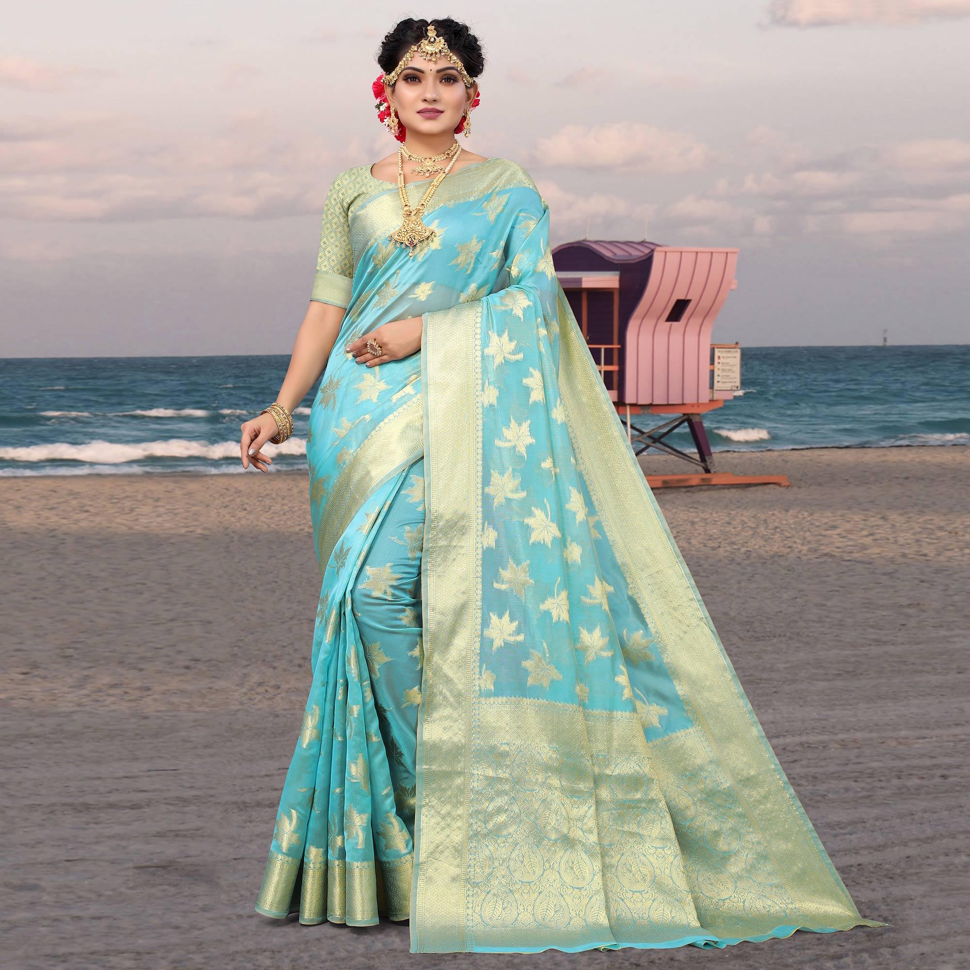 Peachmode Blue Woven Organza Saree – Women's - view 2