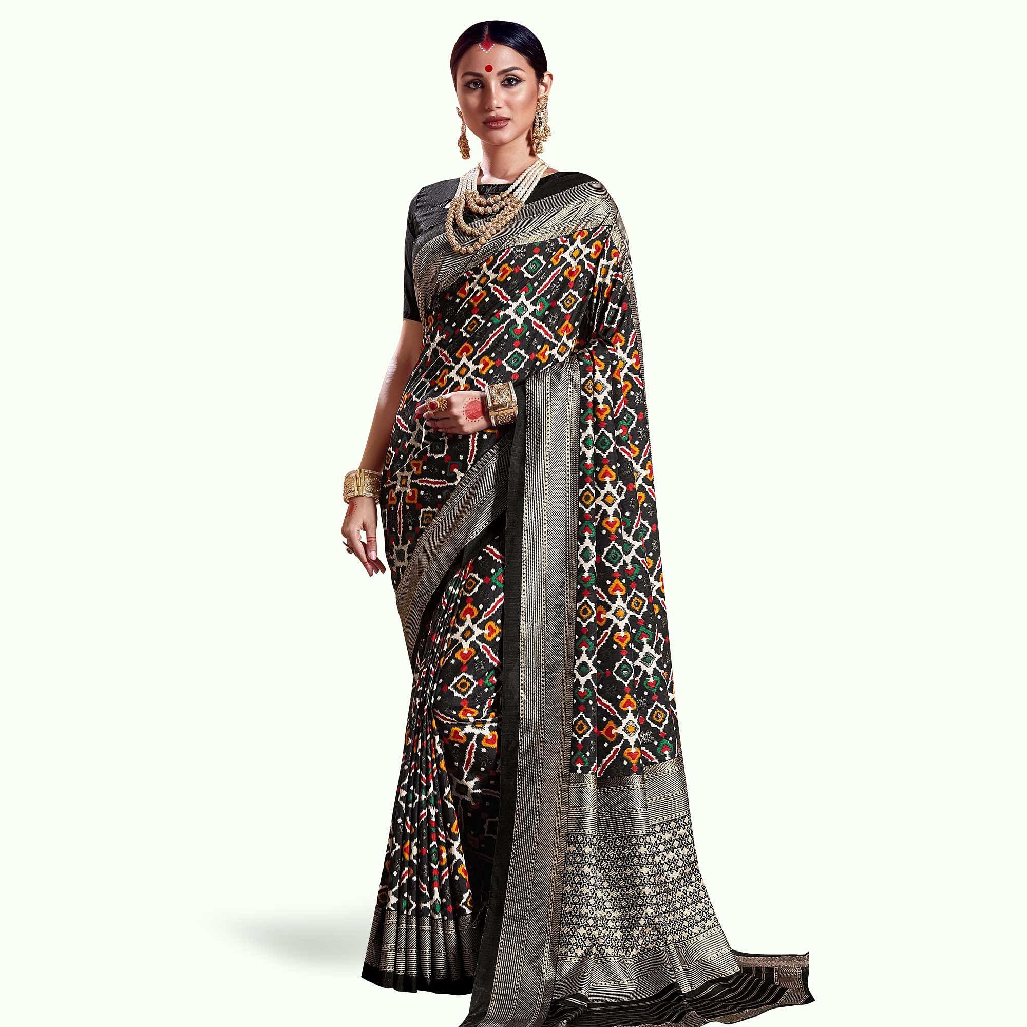 Peachmode Entrancing Black Colored Festive Wear Printed Kanjivaram Silk Saree