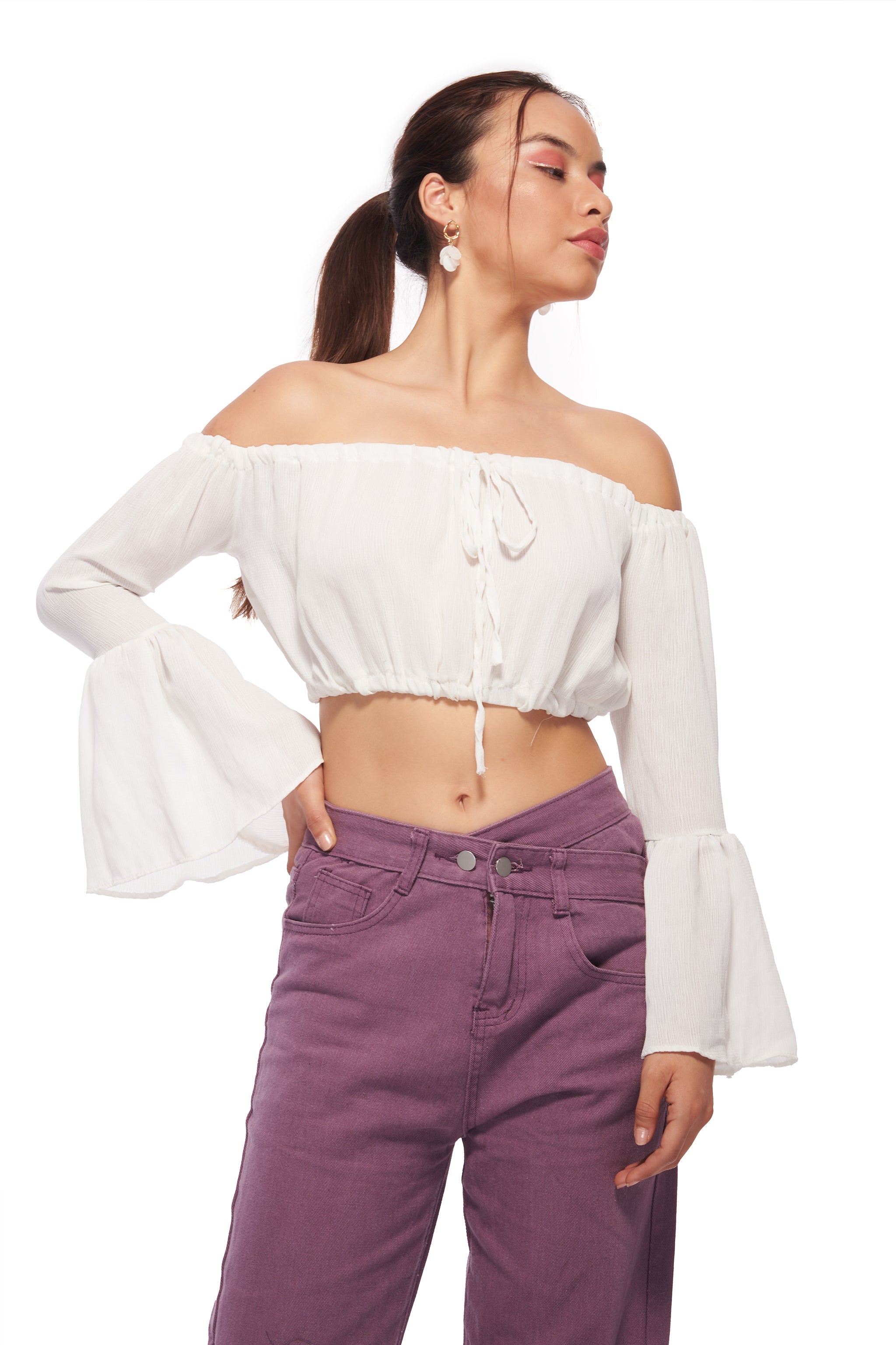 Cottage Core Bell sleeve Crinkle Top – White - view 3