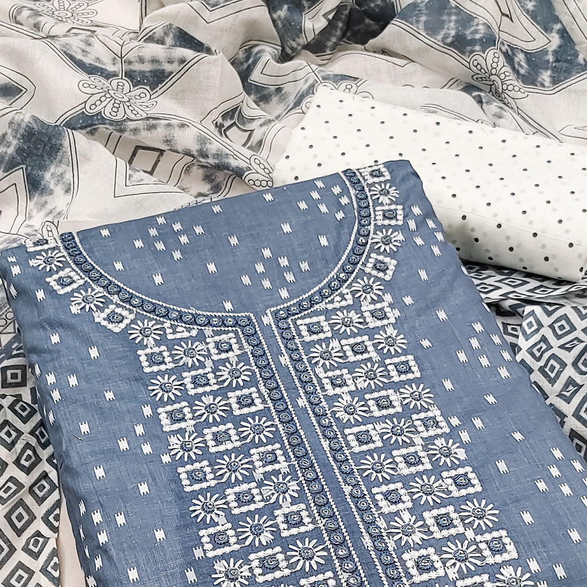 Peachmode Grey Printed With Embroidered Pure Cotton Dress Material - view 2