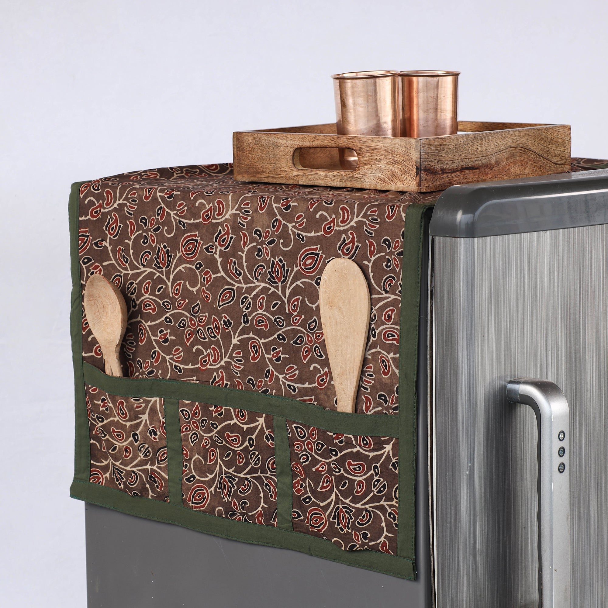 JALPARI Brown - Ajrakh Block Printed Cotton Fridge Top Cover with Multiple Pockets