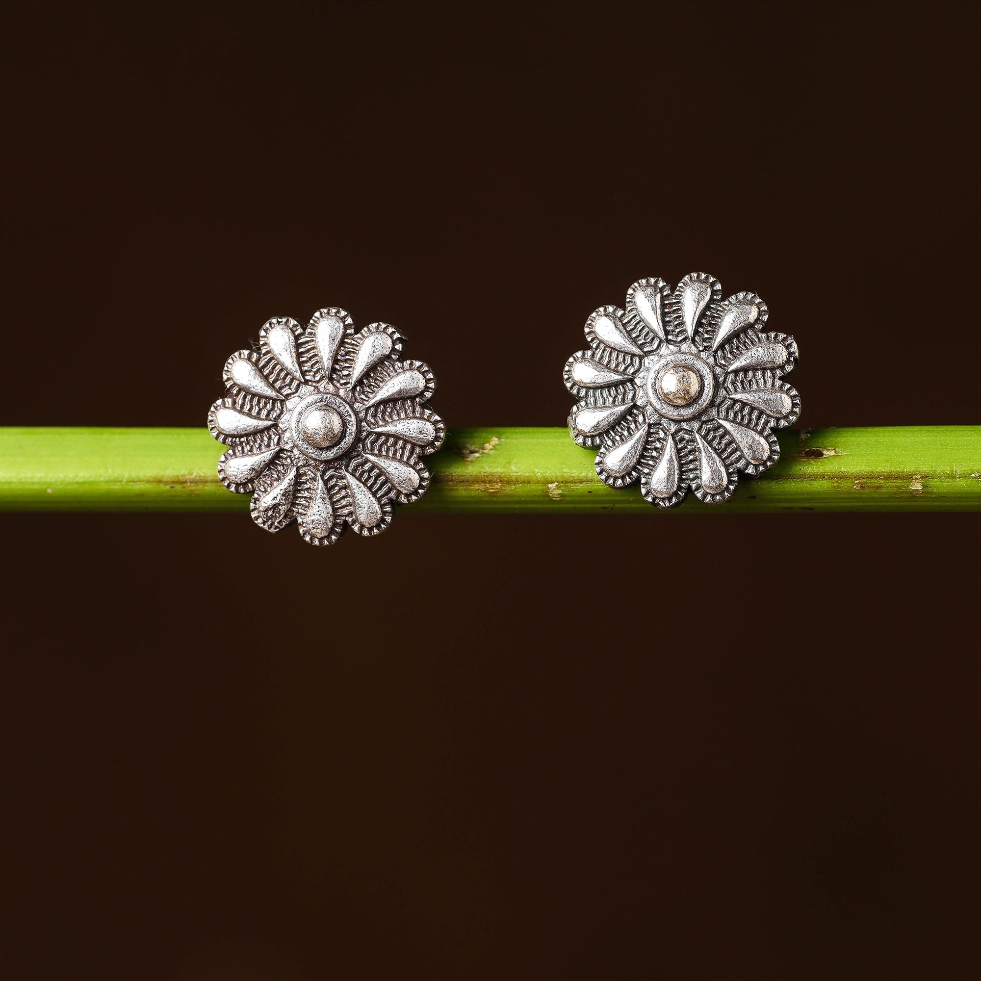 WHITE RIVER STORIES Antique Silver Finish Oxidised Brass Base Stud Earrings