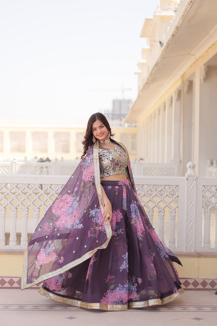 ClothsVilla Wine Exquisite Women's Fully Flaired Lehenga Set in Digital Printed Russian Silk with Sequins Embroidery - view 2