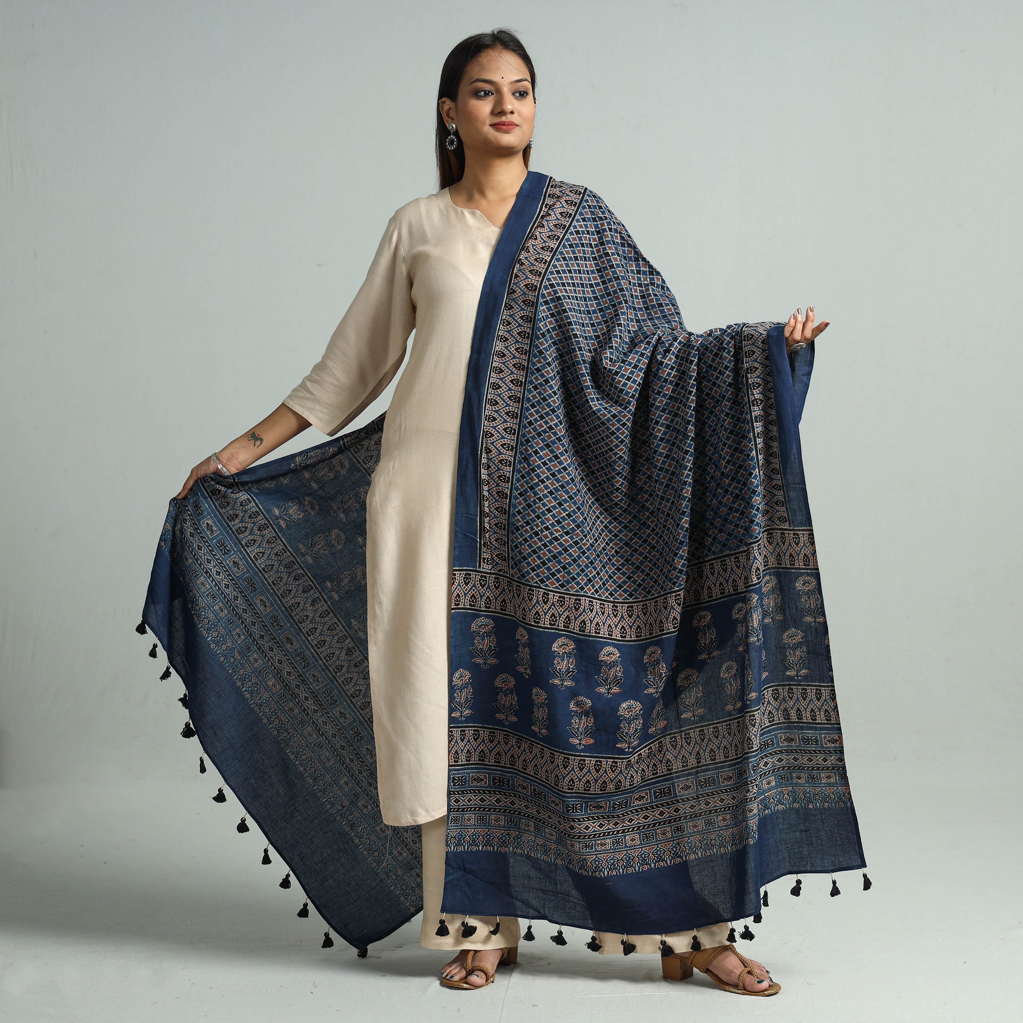 KACHCHH JI CHHAAP Blue - Hand Block Printed Cotton Ajrakh Dupatta 90