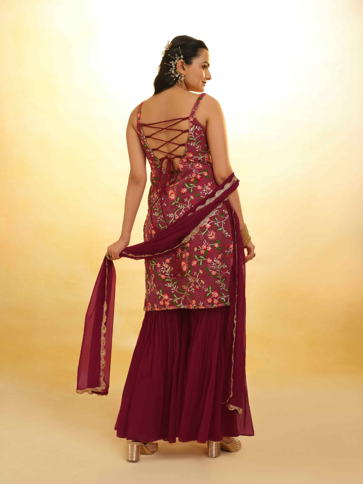 ClothsVilla Maroon Georgette Suit with Embroidery and Shantoon Bottom - view 4