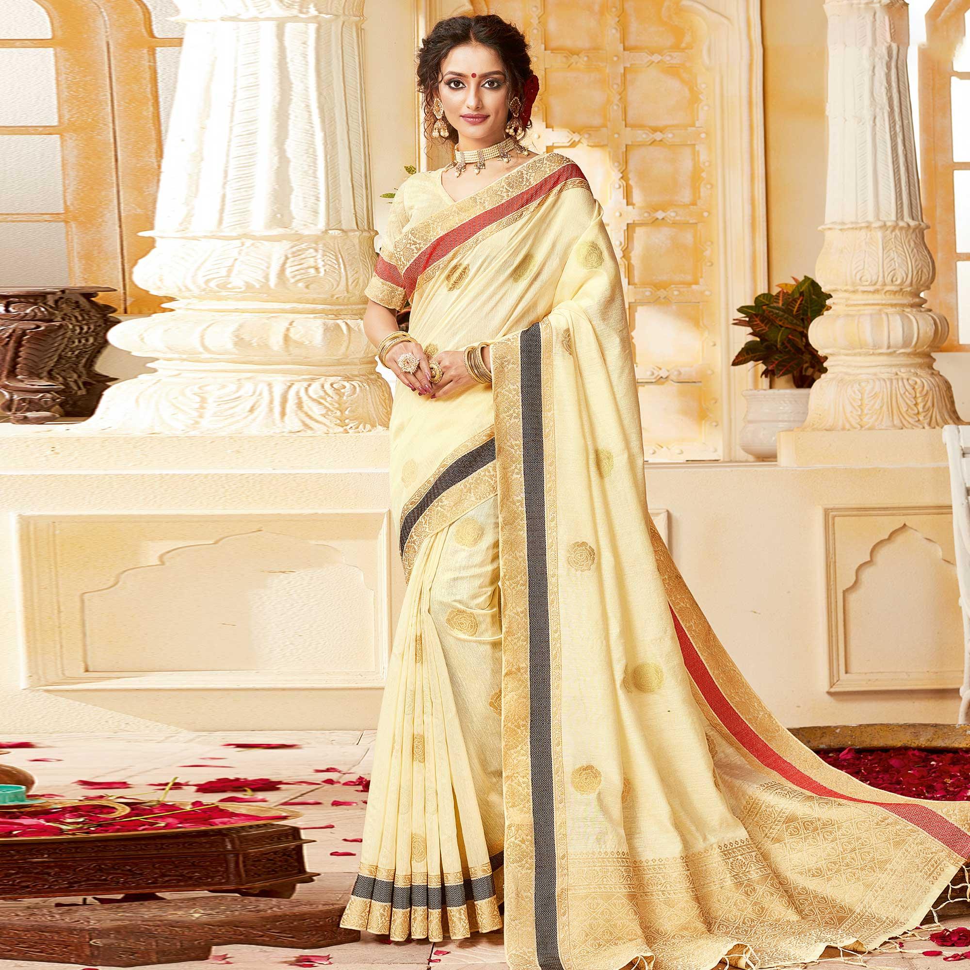 Peachmode Ideal Cream Colored Festive Wear Woven Cotton Handloom Saree