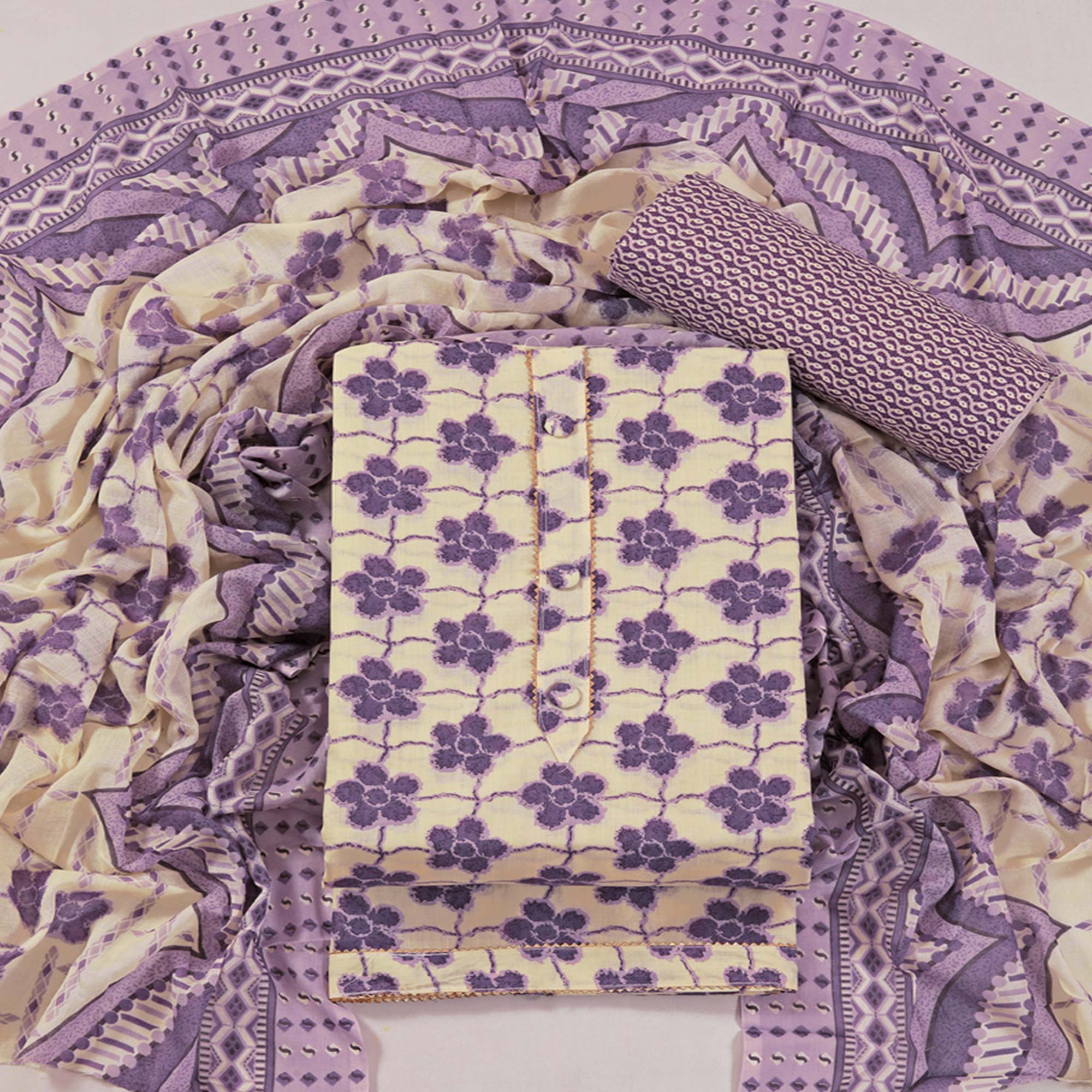 Peachmode Lavender Floral Printed With Gota Patti Work Pure Cotton Dress Material