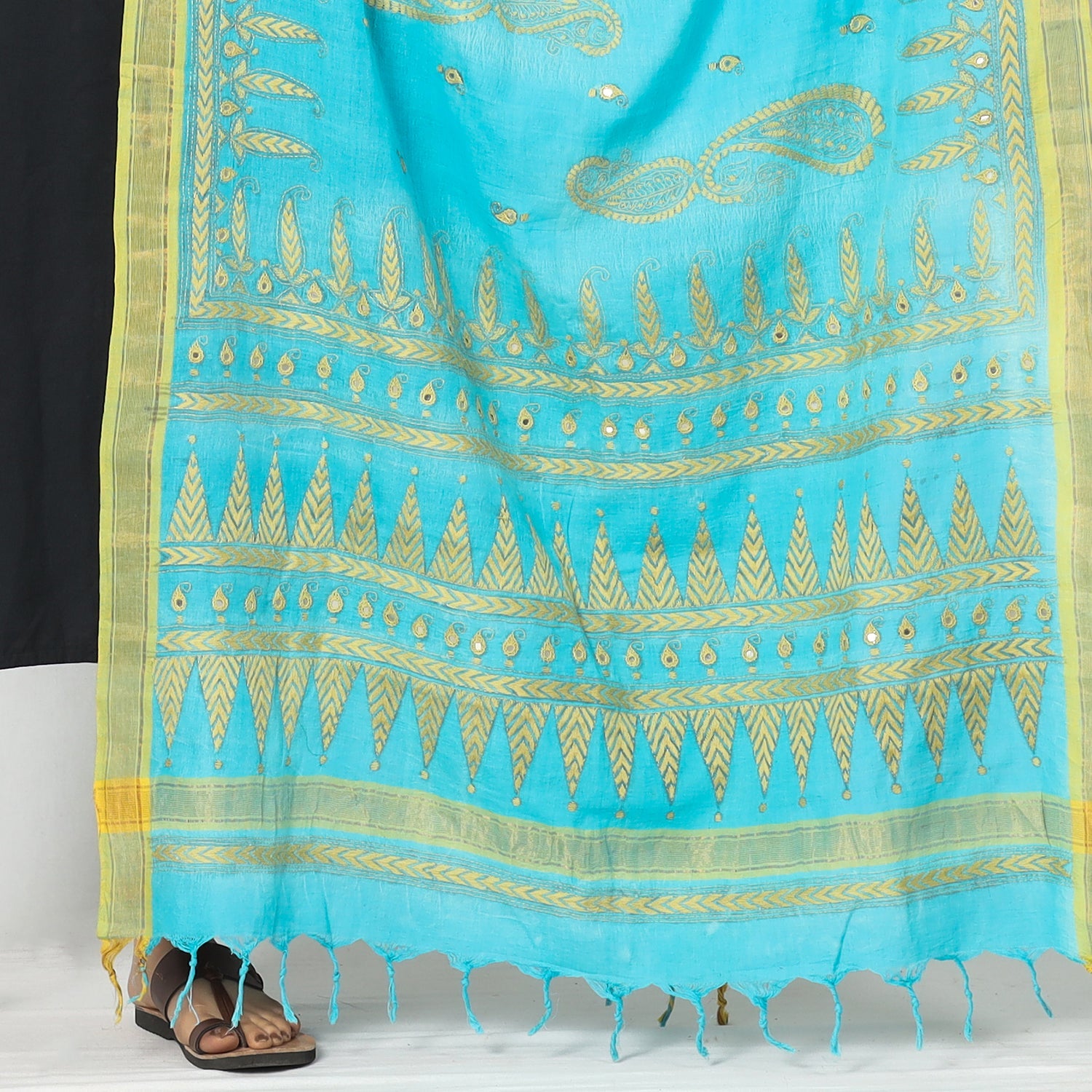 KHUSHBASH - HAPPY LOOM OF EAST Blue - Bengal Kantha Embroidery Cotton Handloom Dupatta - view 3