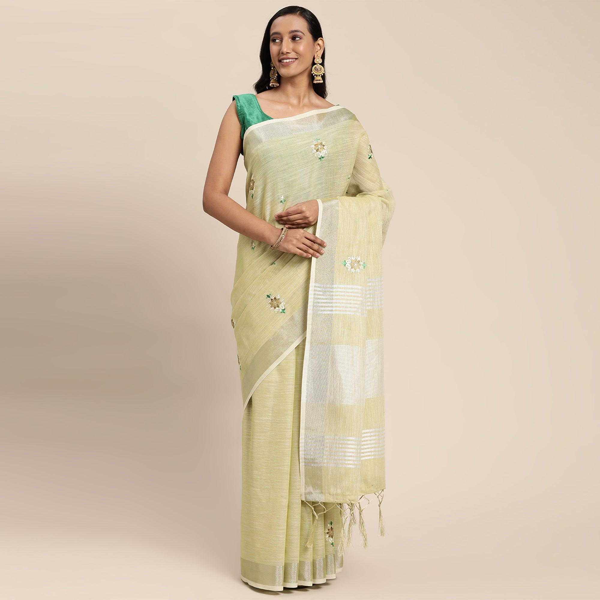 Peachmode Light Yellow Embroidered Linen Saree With Tassels