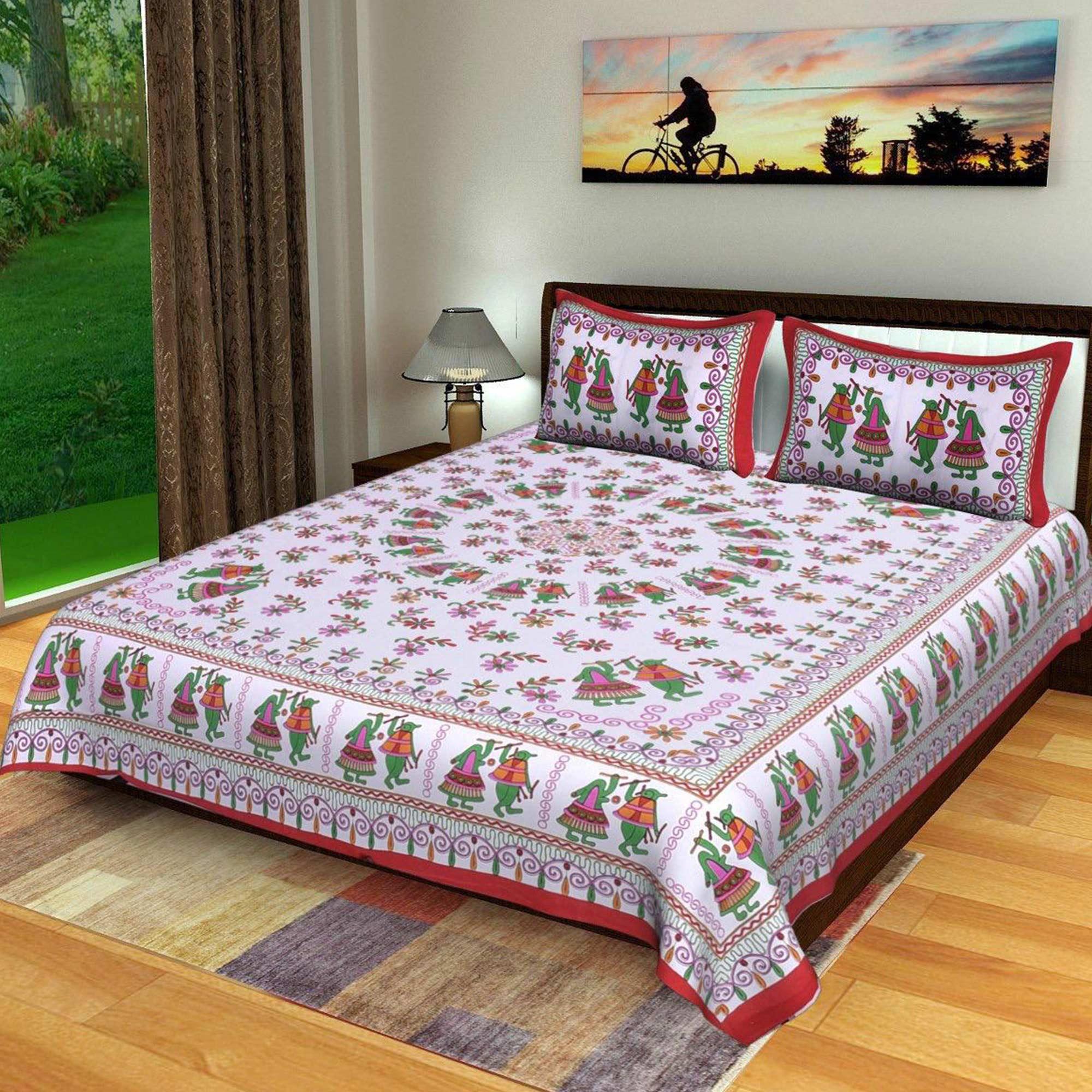Peachmode Light Purple Printed Cotton Blend King Size Bedsheet With 2 Pillow Cover