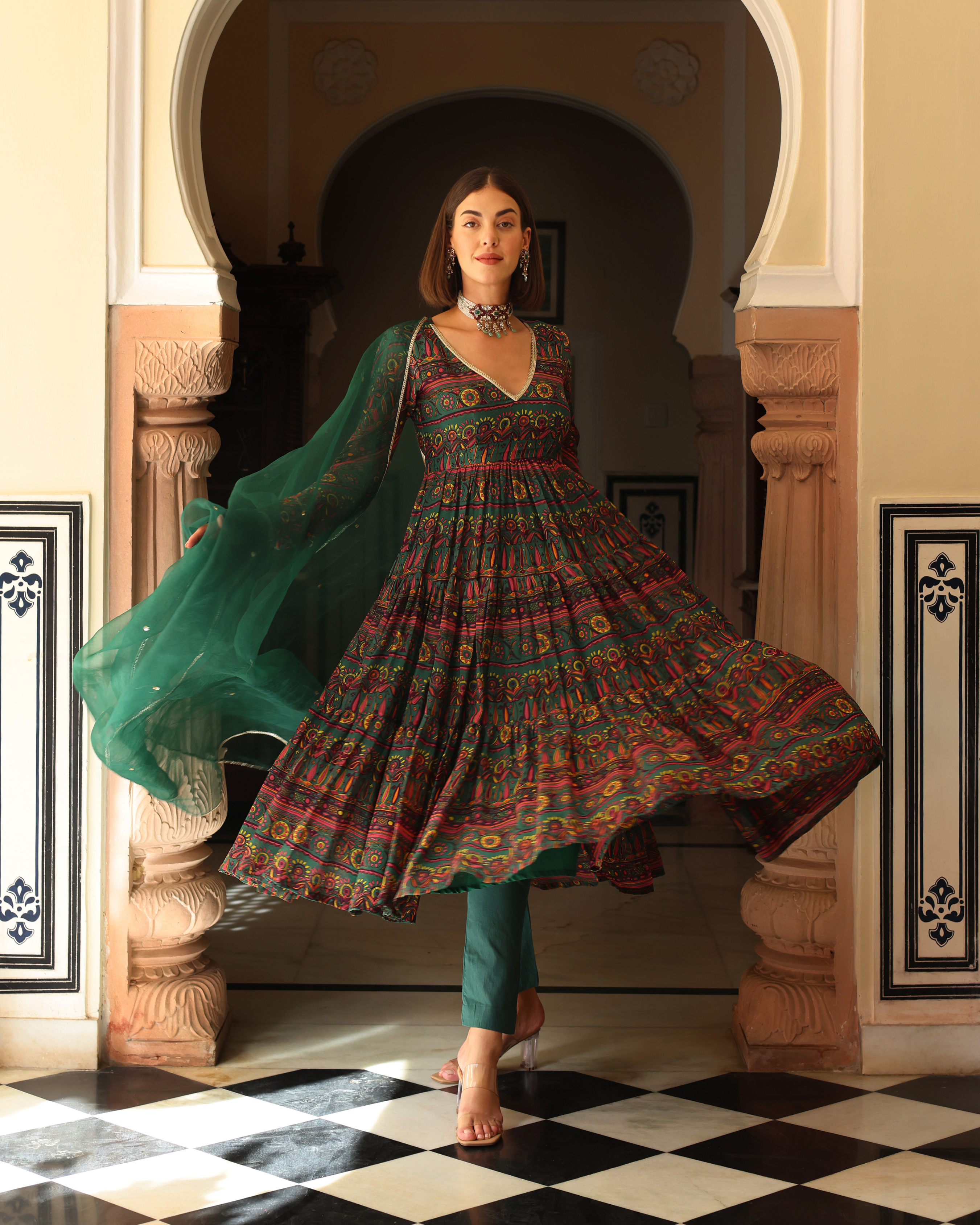 Aachho Dune Green Printed Chinon Suit Set