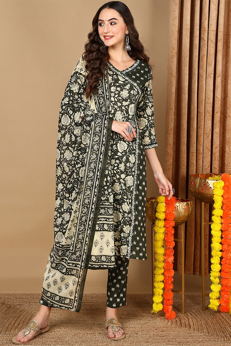 Ahika Green Pure Cotton Floral Printed Angrakha Style Suit Set VKSKD2085