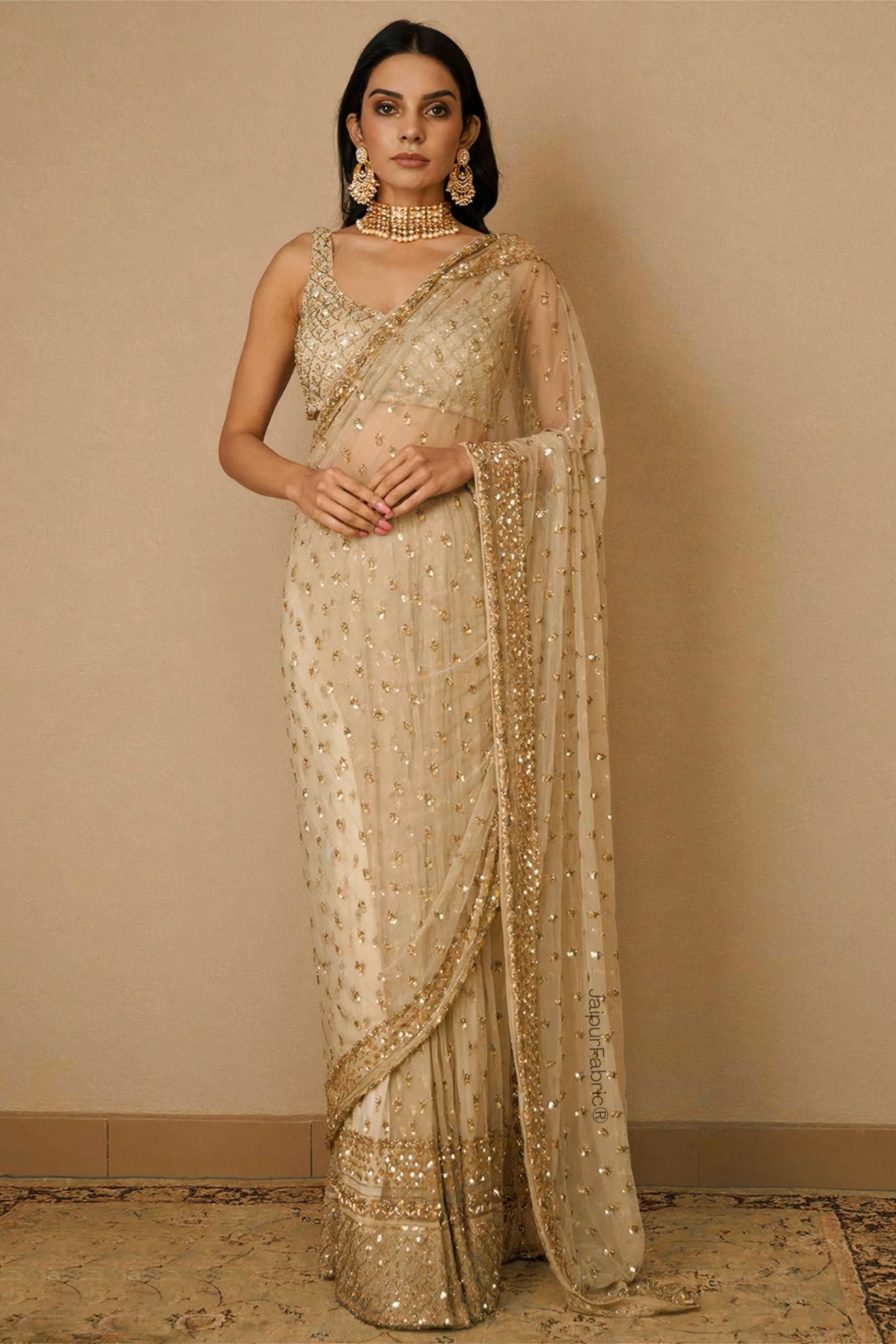 JaipurFabric® Beige Sequins Embellished Net Saree - view 2