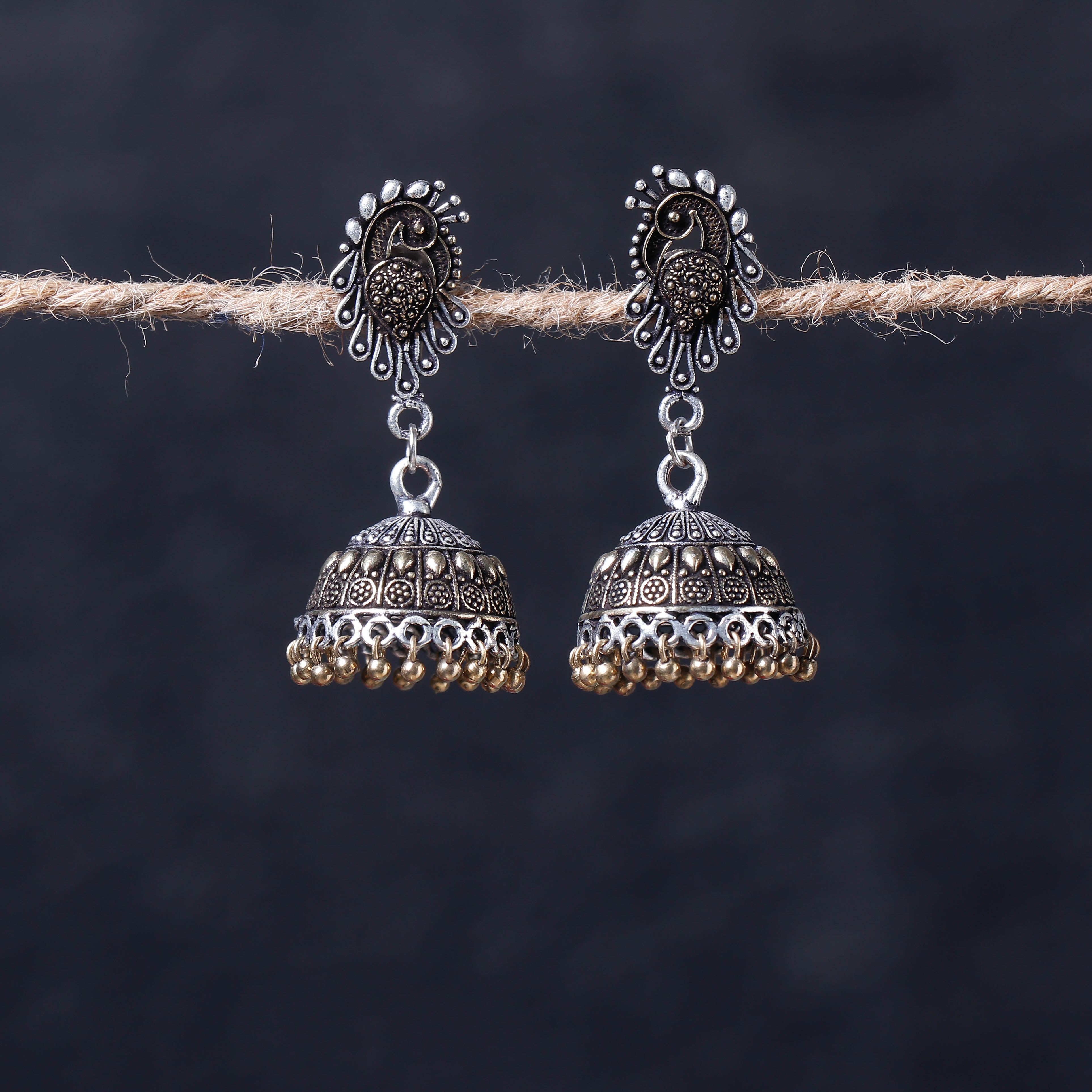 WHITE RIVER STORIES Antique Silver Finish Oxidised Brass Base Jhumka Earrings