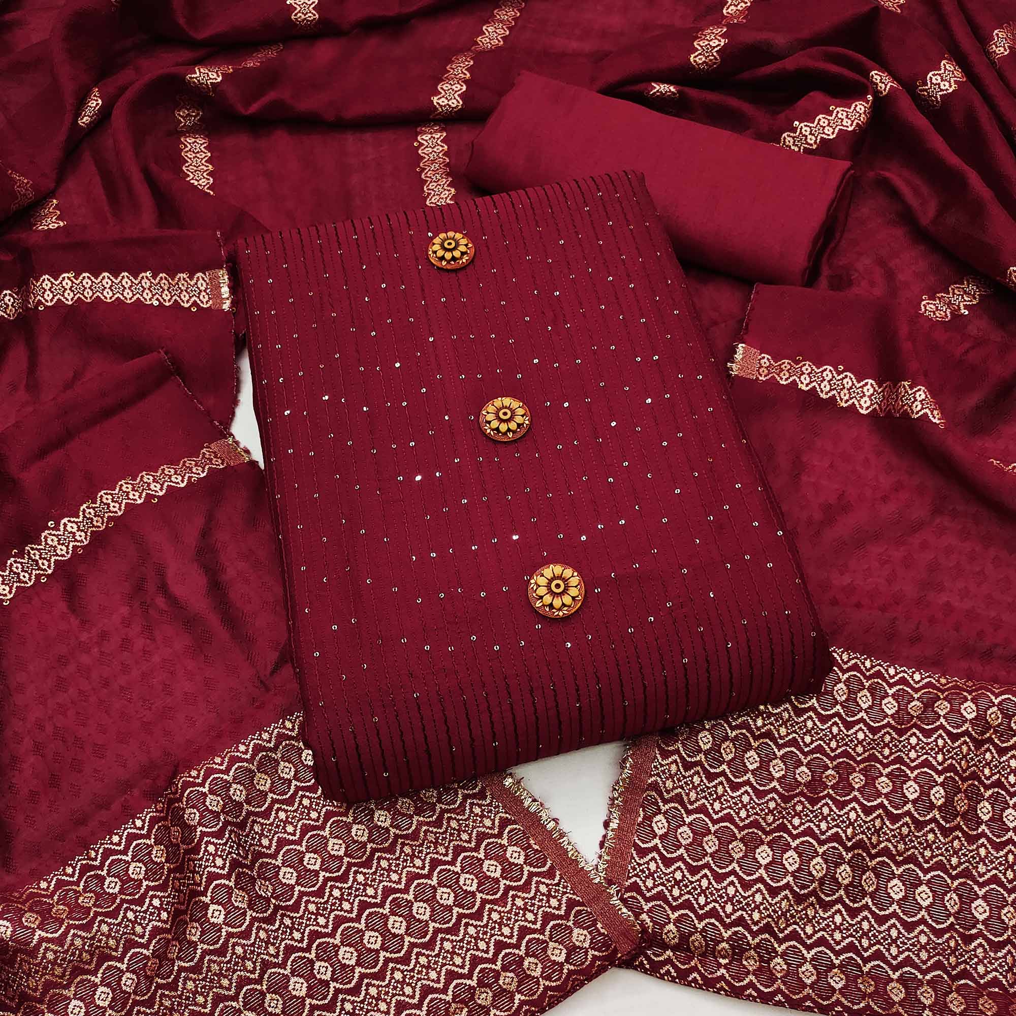 Peachmode Maroon Sequins Embroidered Chanderi Dress Material