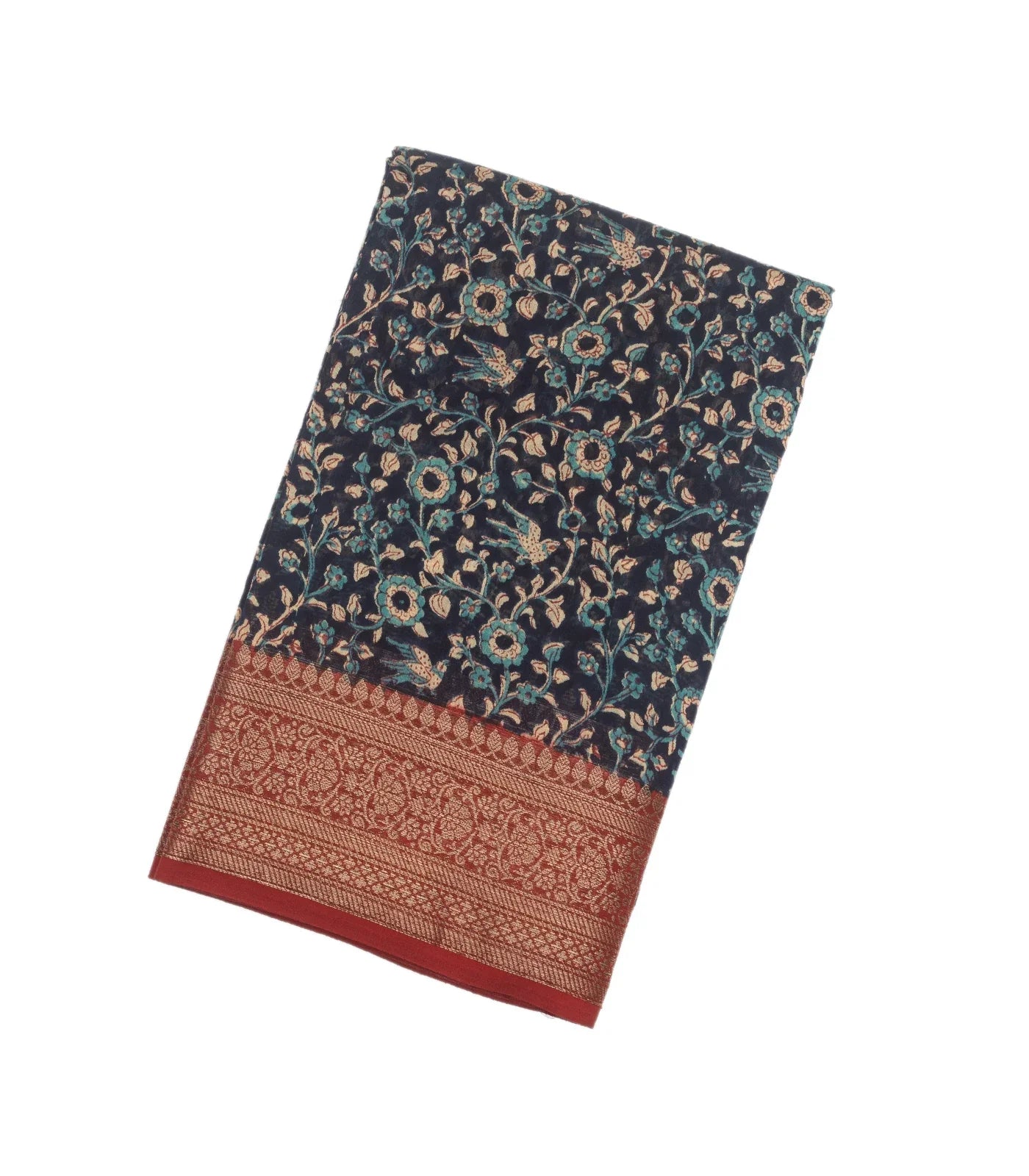 RmKV Indigo Woven Chanderi Cotton Saree With Red Border