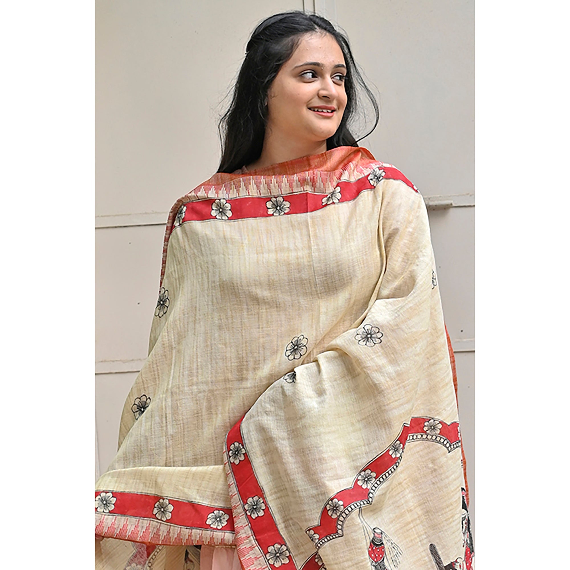 DIORAMA DESIGNS Beige - Madhubani Hand-Painted Makhan Chor Cotton Dupatta - view 5