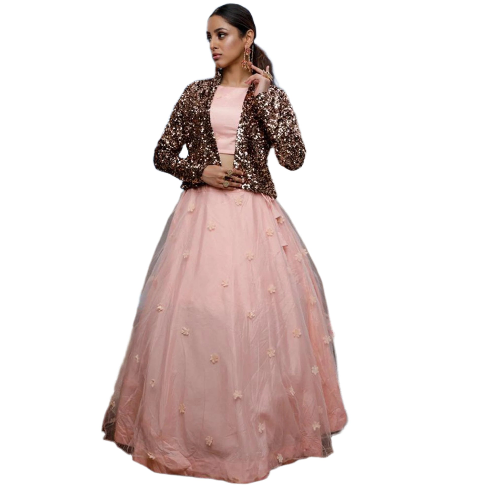 Peachmode Captivating Peach-Black Colored Party Wear Embroidered Net Lehenga Choli