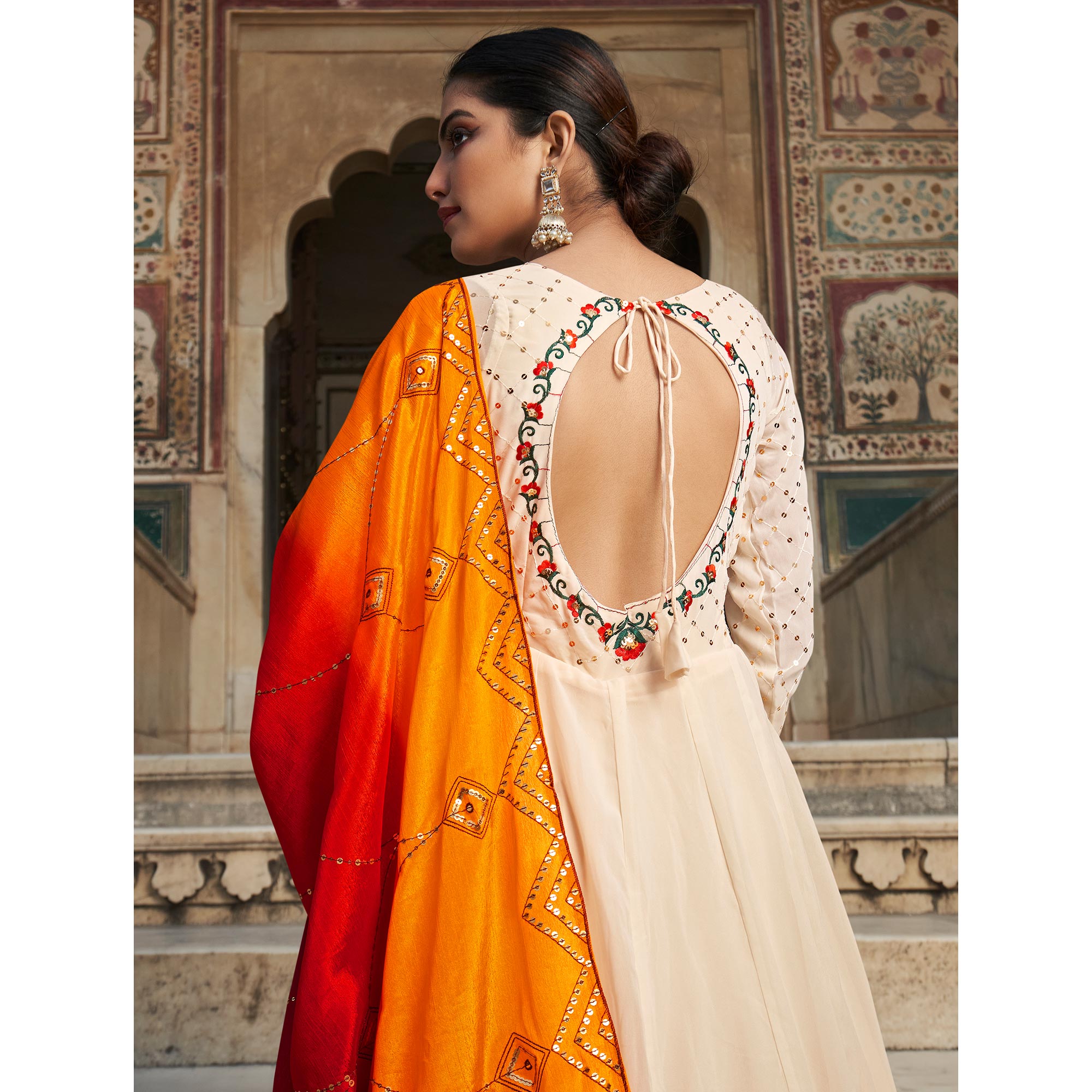 Peachmode Seller Cream Sequins Embroidered Georgette Gown With Dupatta - view 6