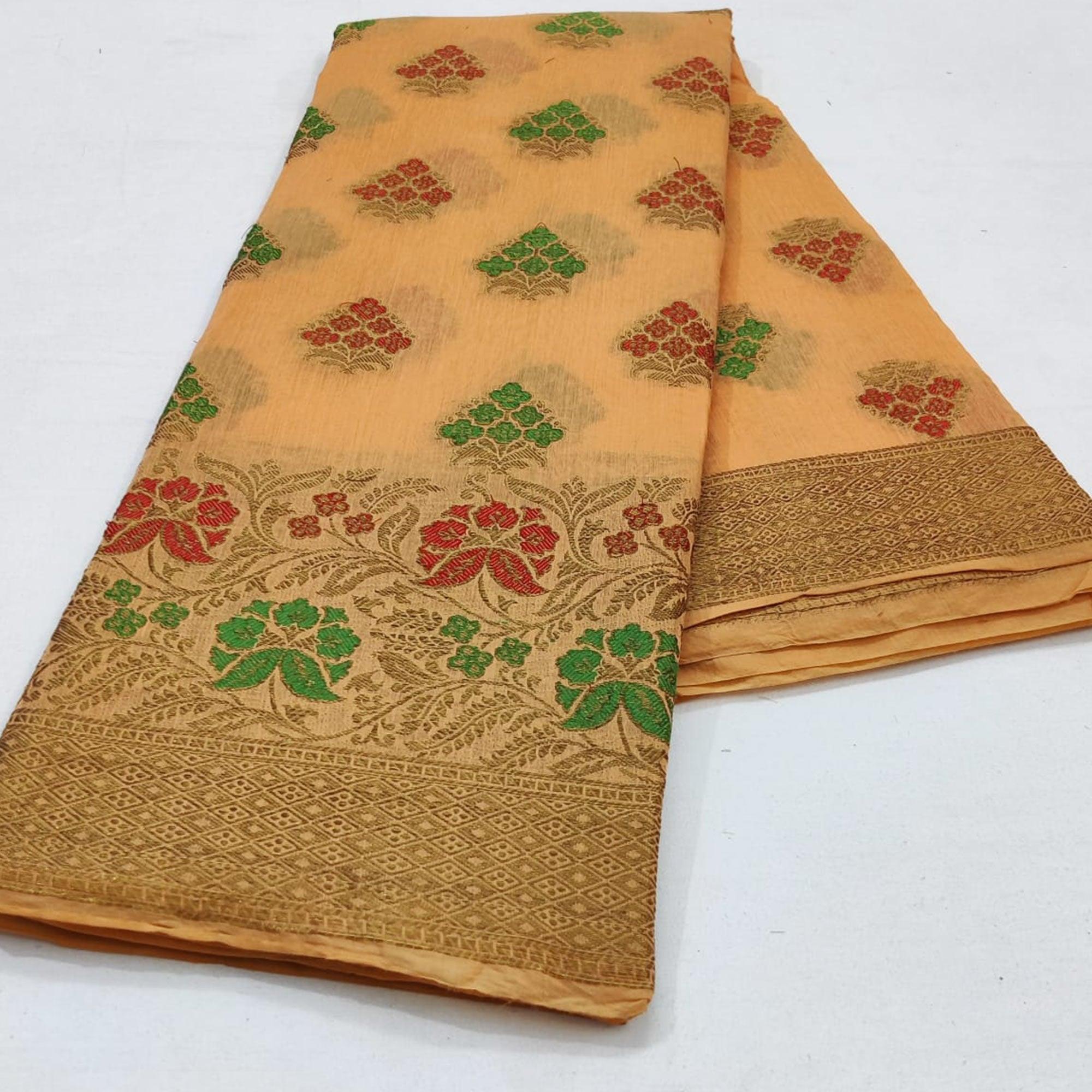 Peachmode Light Orange Festive Wear Floral Woven Cotton Saree With Meena Butta Pallu