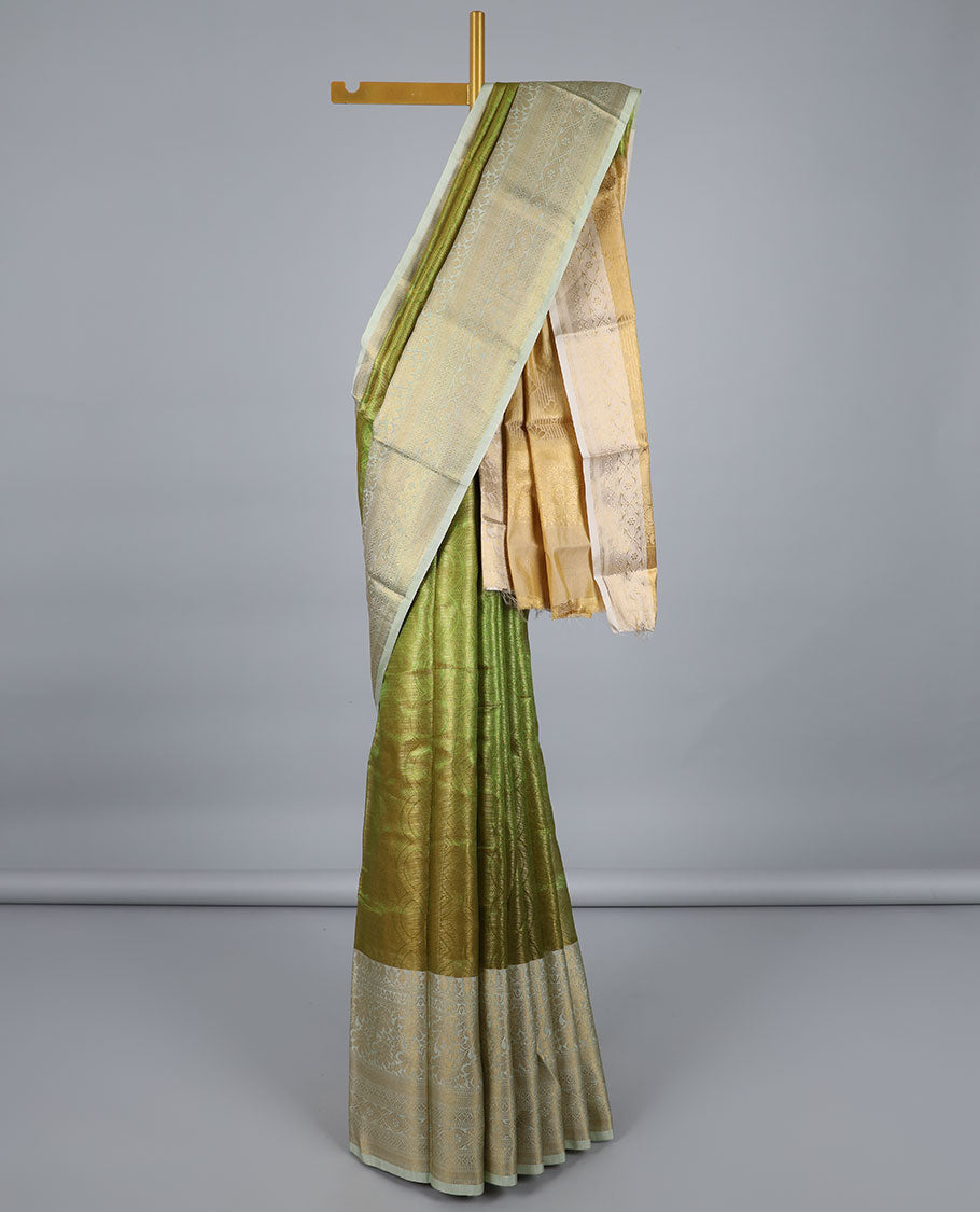 Pothys Green jacquard semi-banaras tissue saree, contrast traditional design zari border & pallu of intricate designs