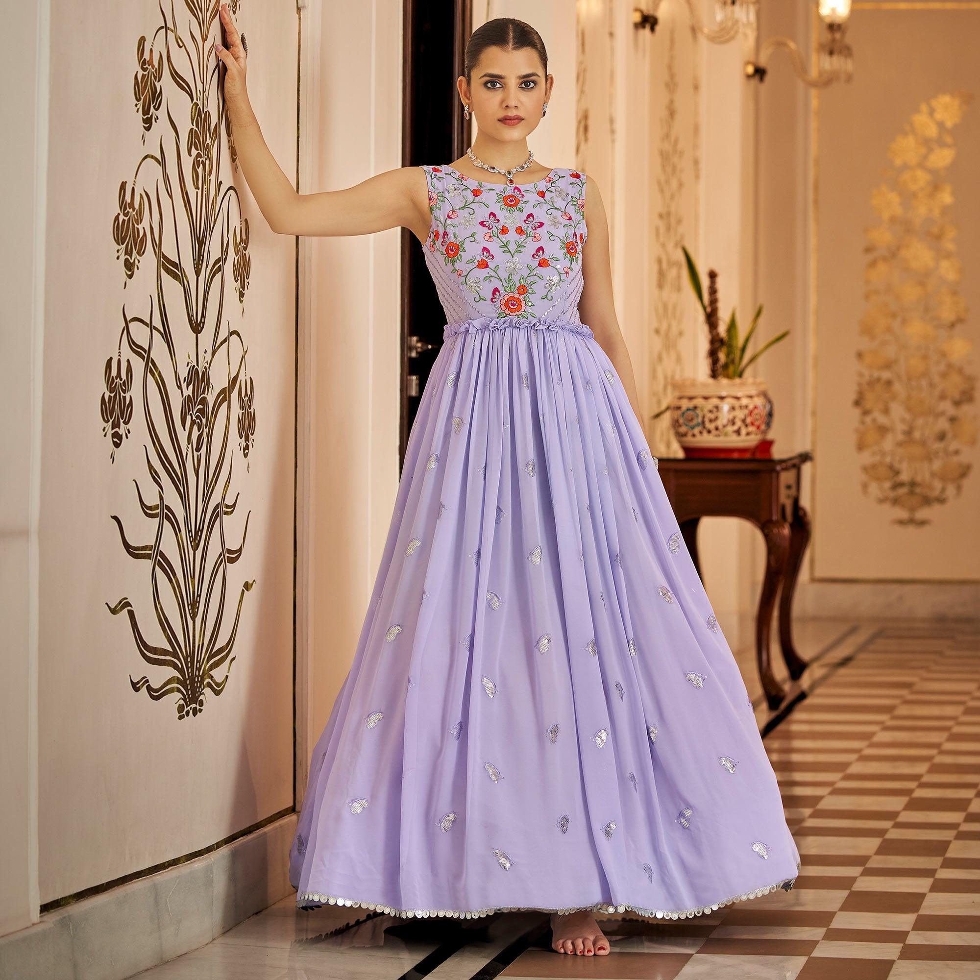 Peachmode Seller Lavender Embroidered Georgette Gown - view 2