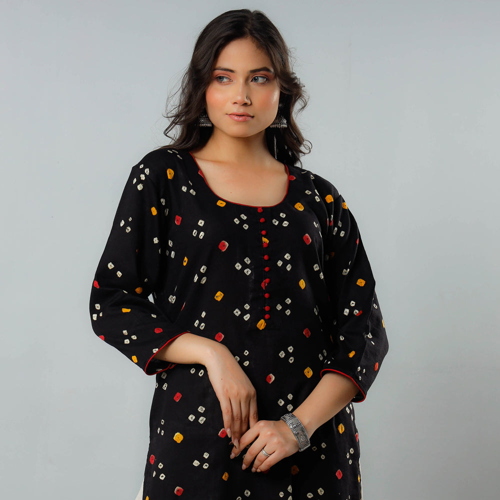 ITOKRI CASUALS Black - Bandhani Tie-dye Cotton Long Straight Kurta