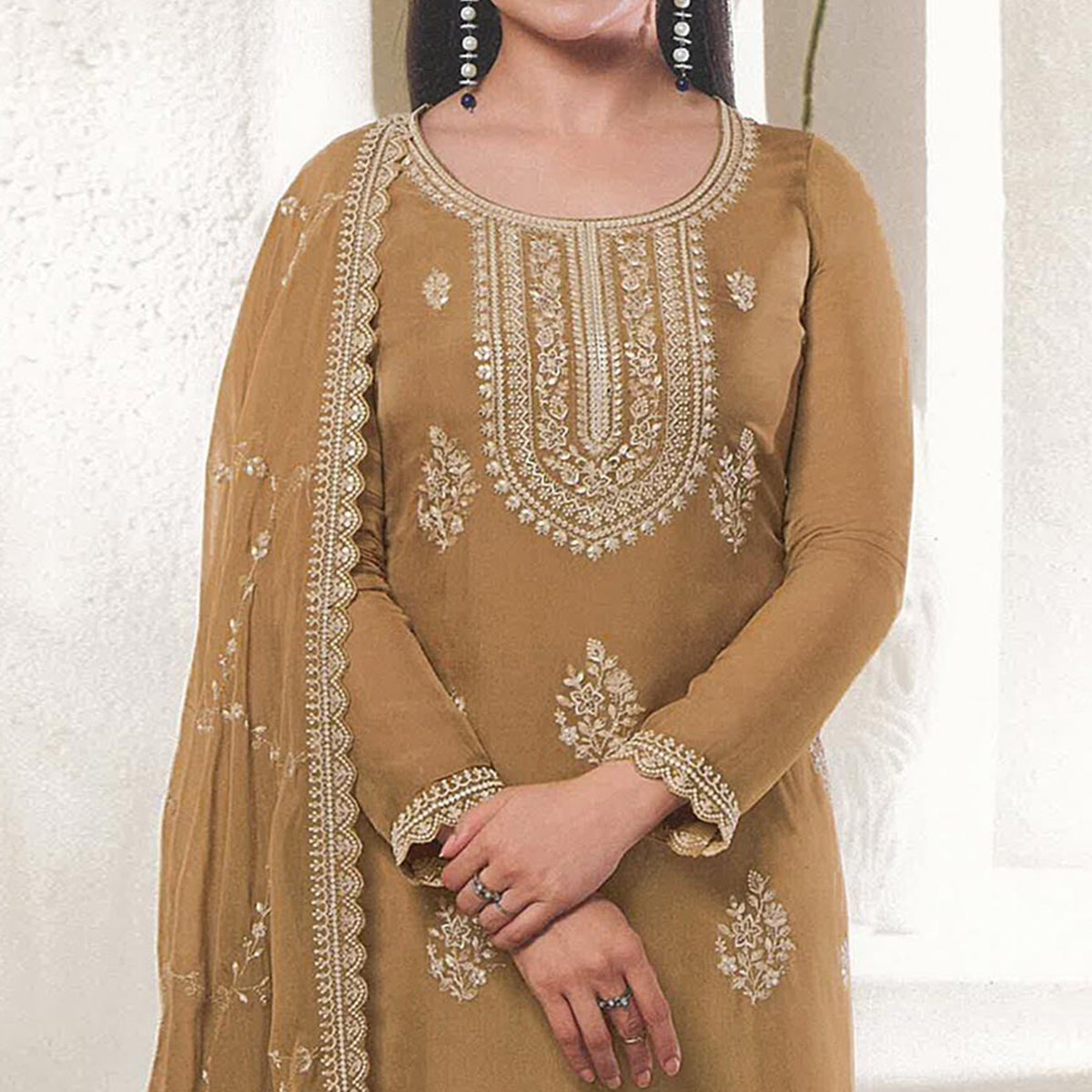 Peachmode Light Brown Floral Embroidered Organza Semi Stitched Salwar Suit - view 3
