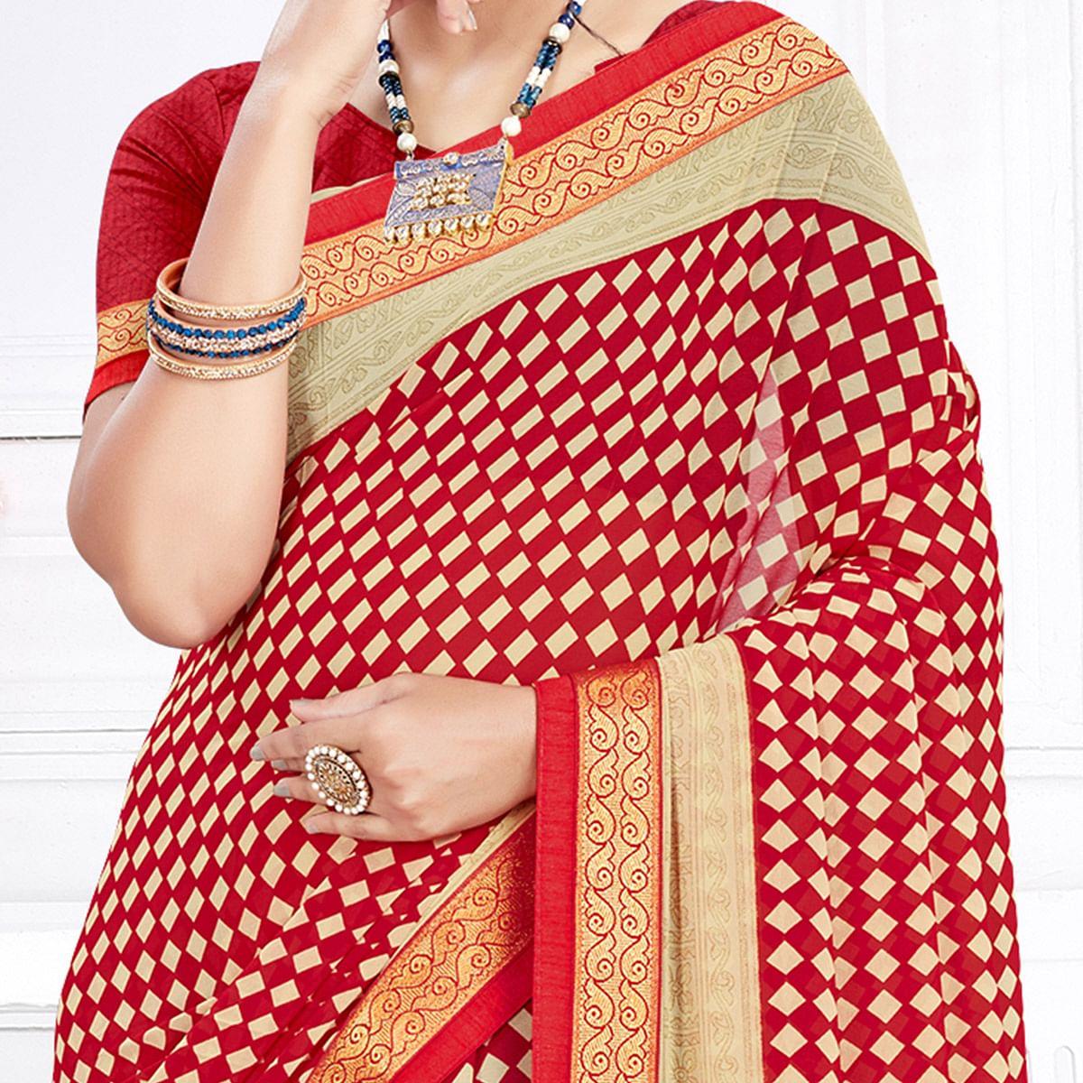 Peachmode Innovative Red Colored Casual Wear Printed Georgette Saree - view 2