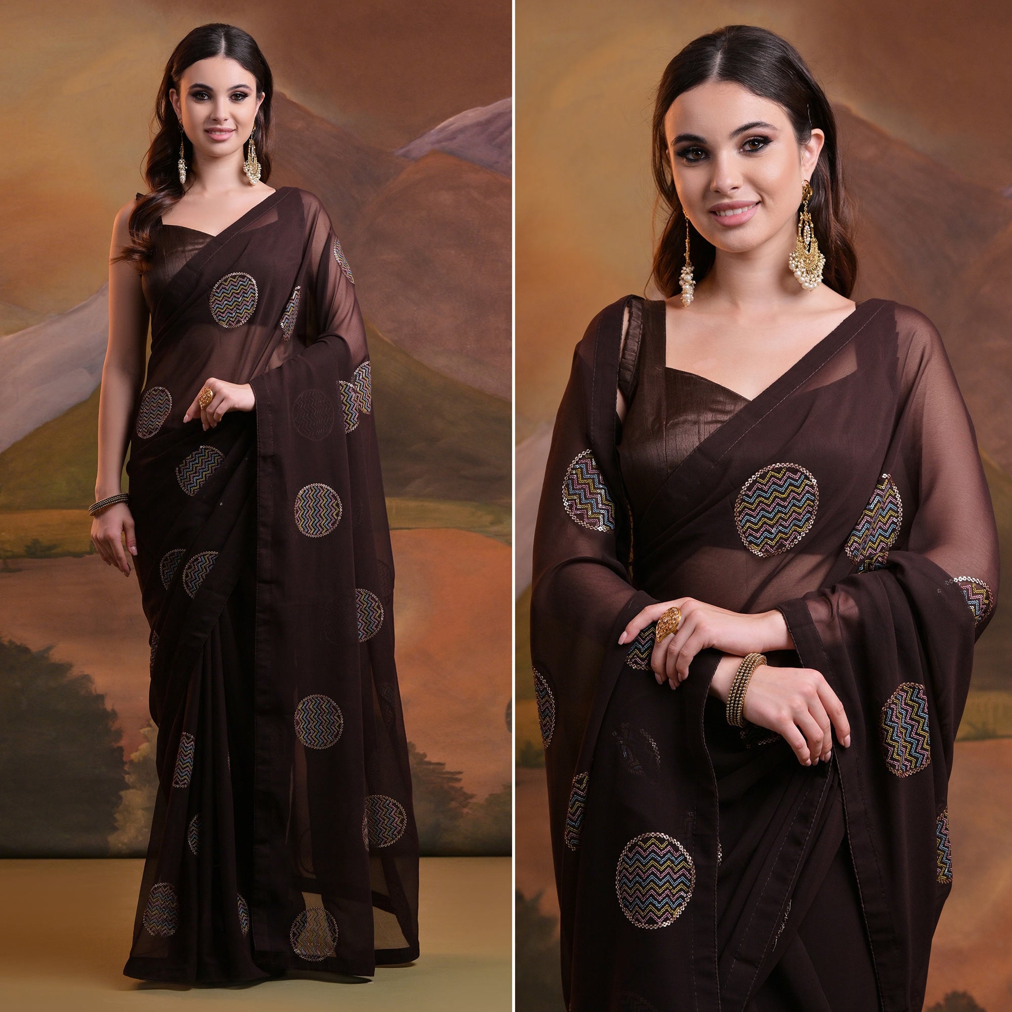 Peachmode Dark Brown Sequins Embroidered Georgette Saree