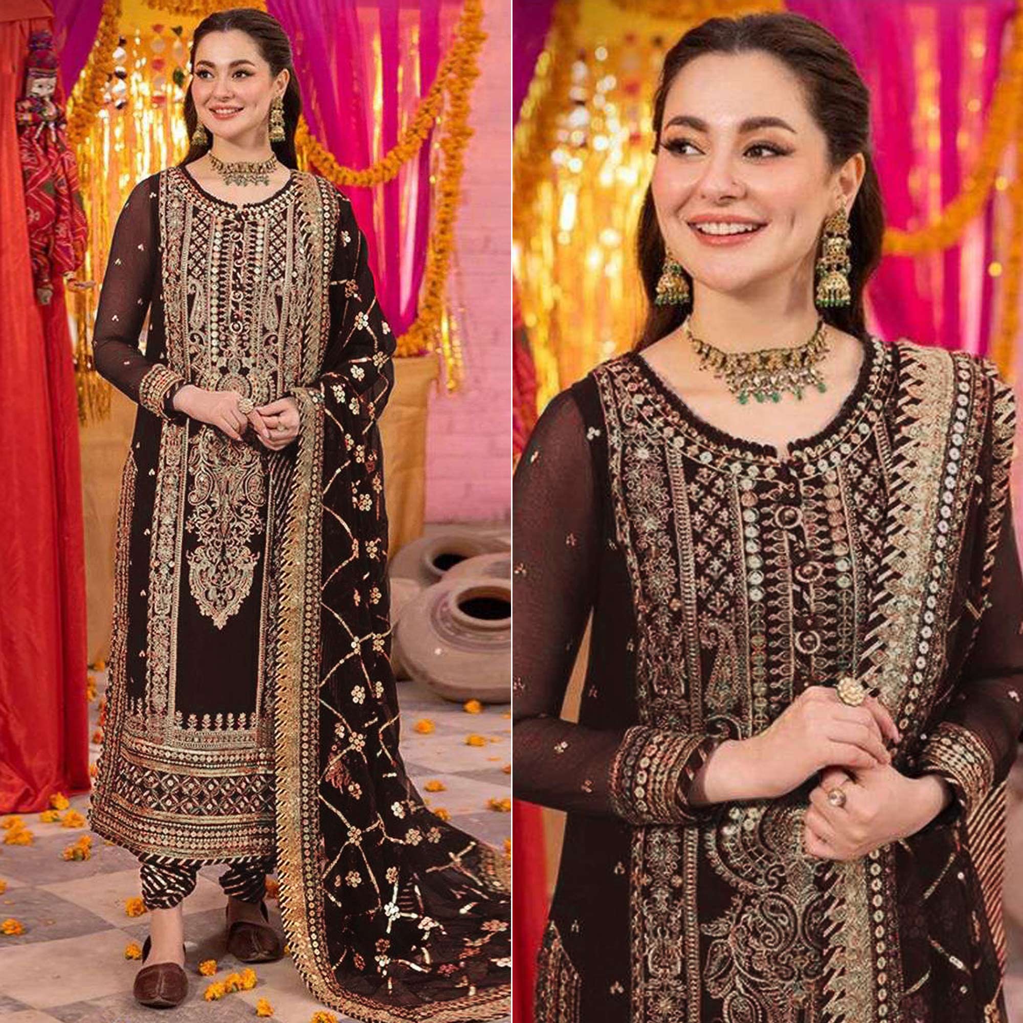 Peachmode Brown Embroidered Georgette Pakistani Dress Material