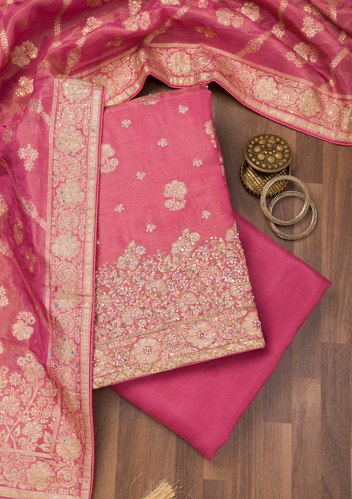 Koskii Onion Pink Zariwork Semi Crepe Unstitched Salwar Suit