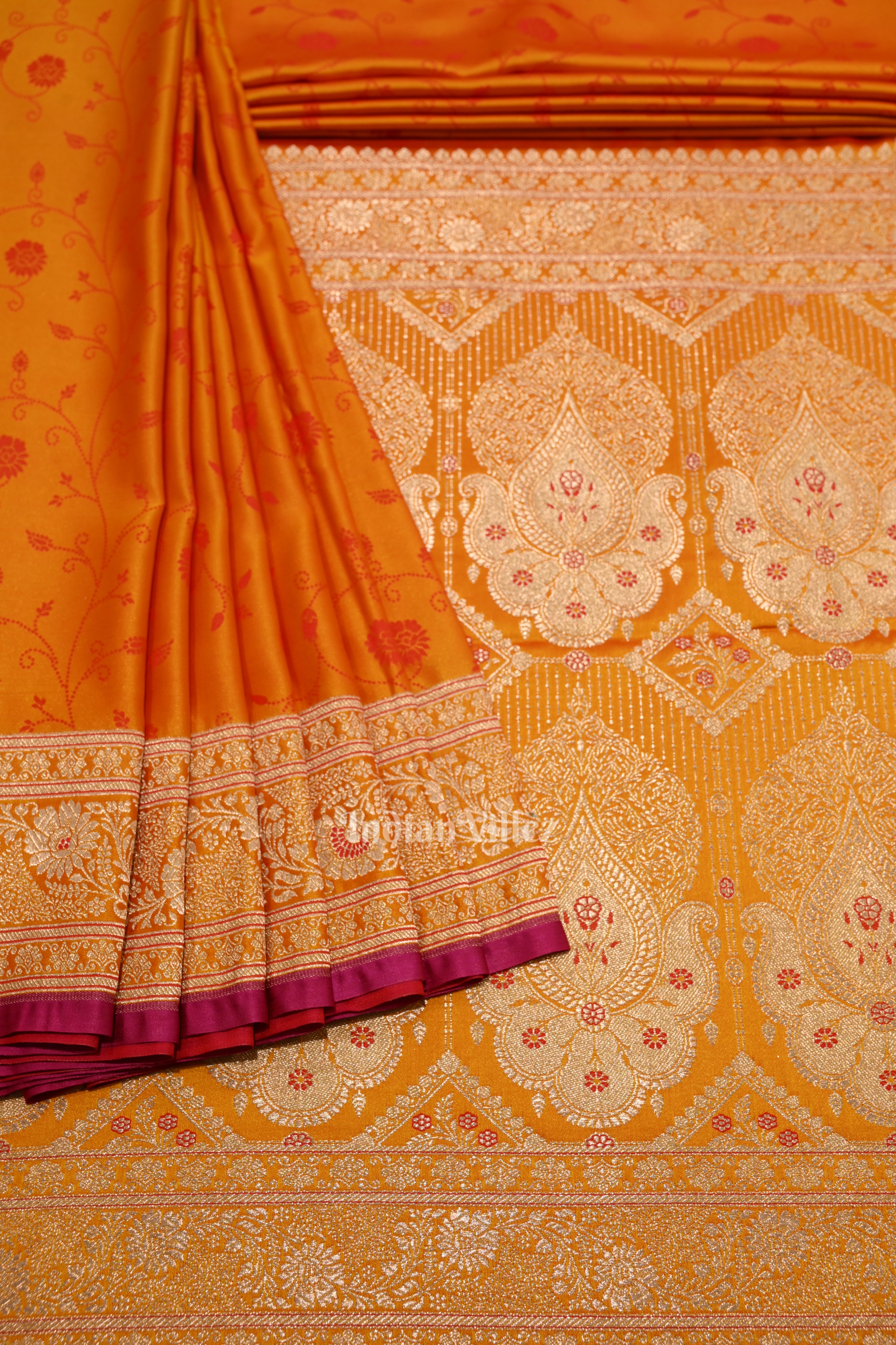IndianVillèz Yellow Floral Print Theme Mashru Satin Silk Banarasi saree
