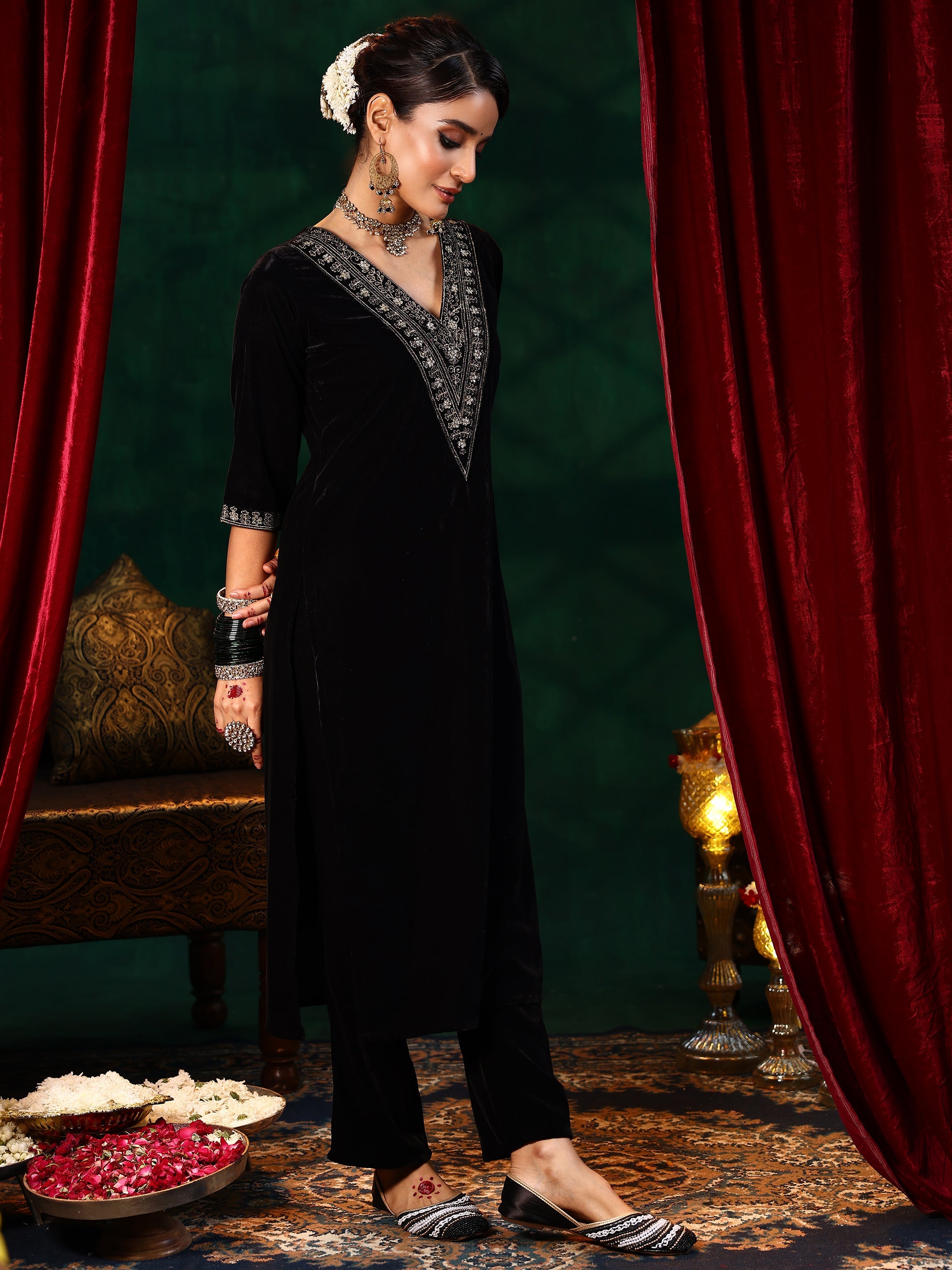 Libas Black Yoke Design Velvet Straight Suit With Dupatta - view 2