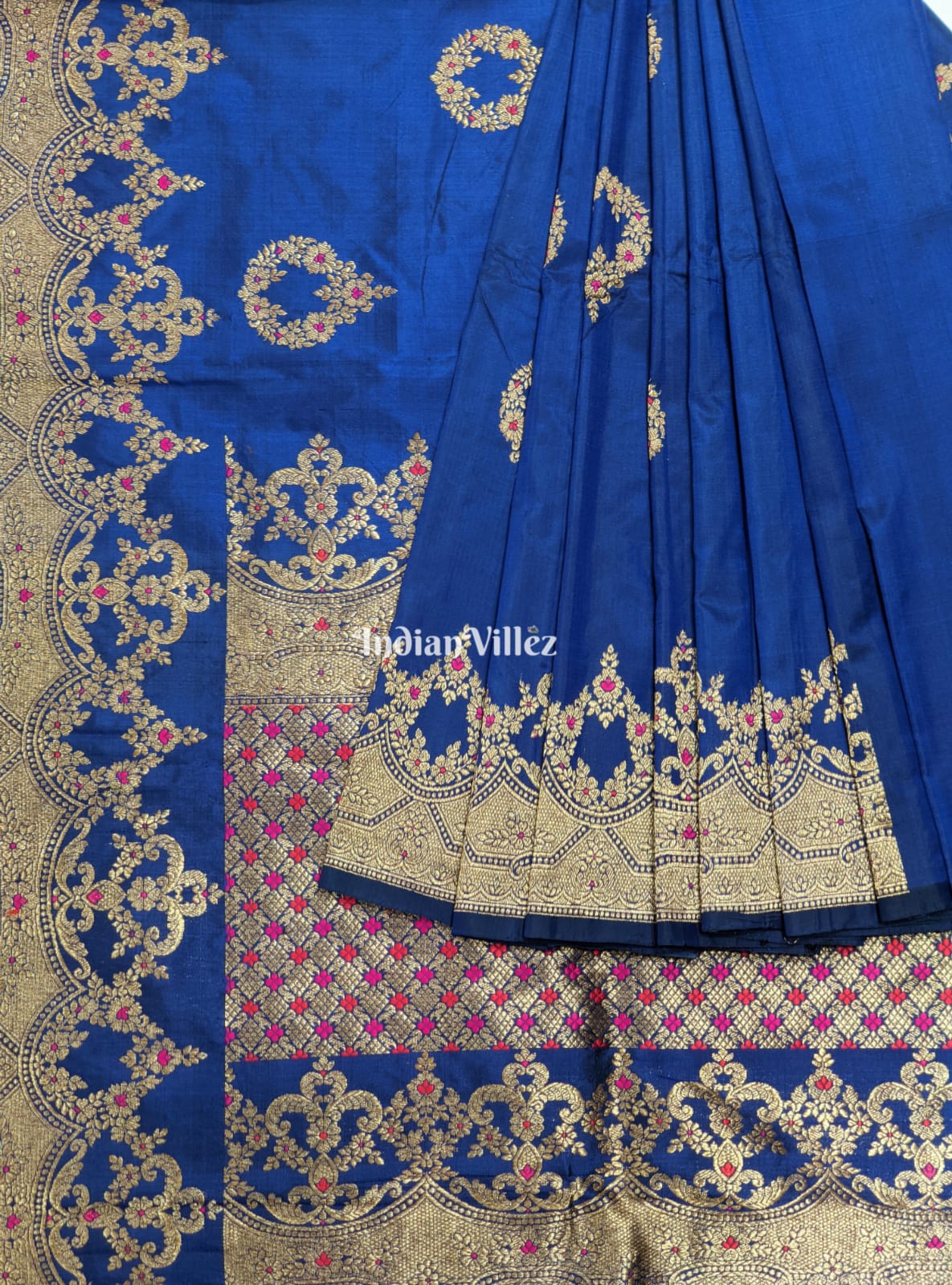 IndianVillèz Midnight Blue Pure Banarasi Katan Silk Saree With Meena Work