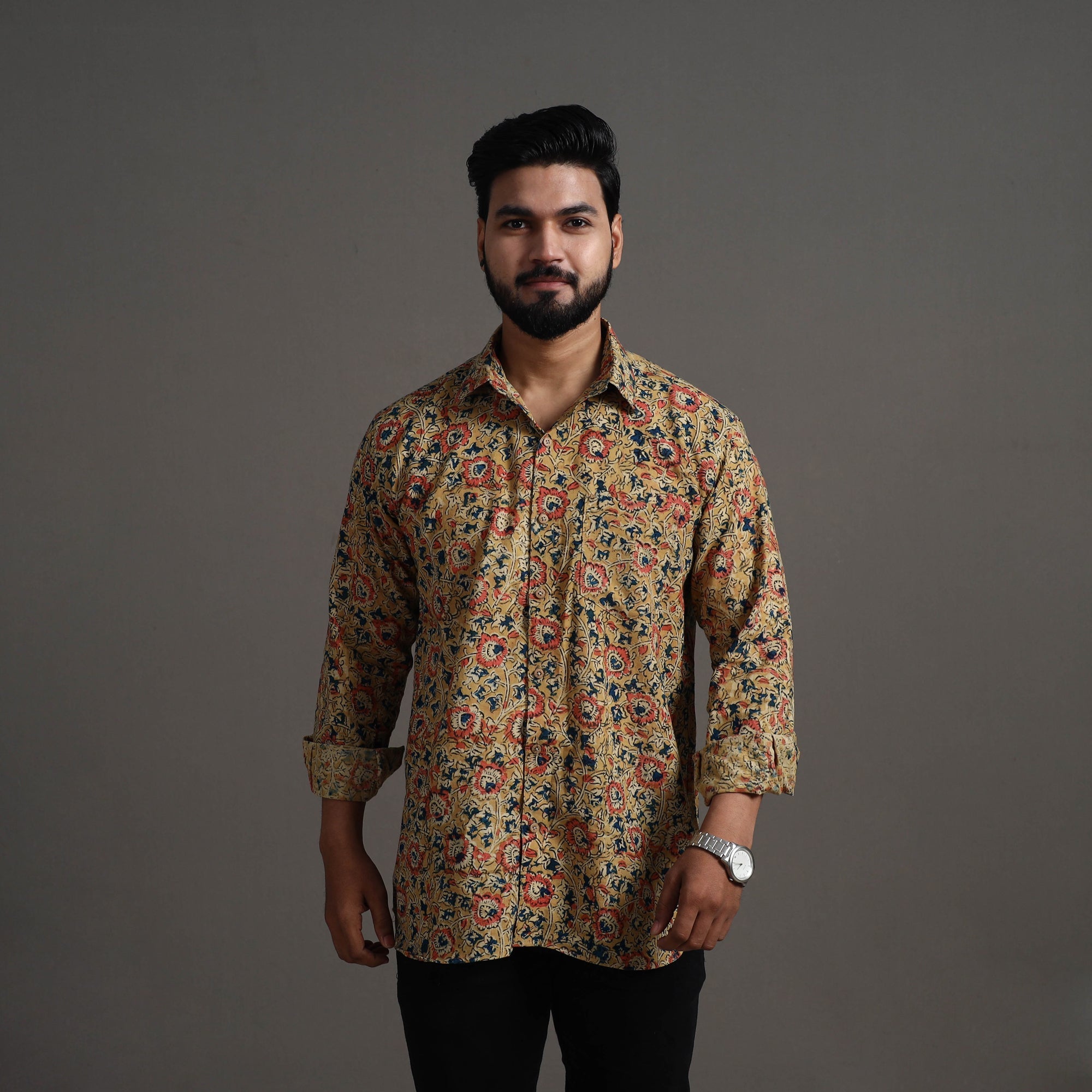 ITOKRI CASUALS Beige - Kalamkari Block Printed Cotton Men Full Sleeve Shirt 13