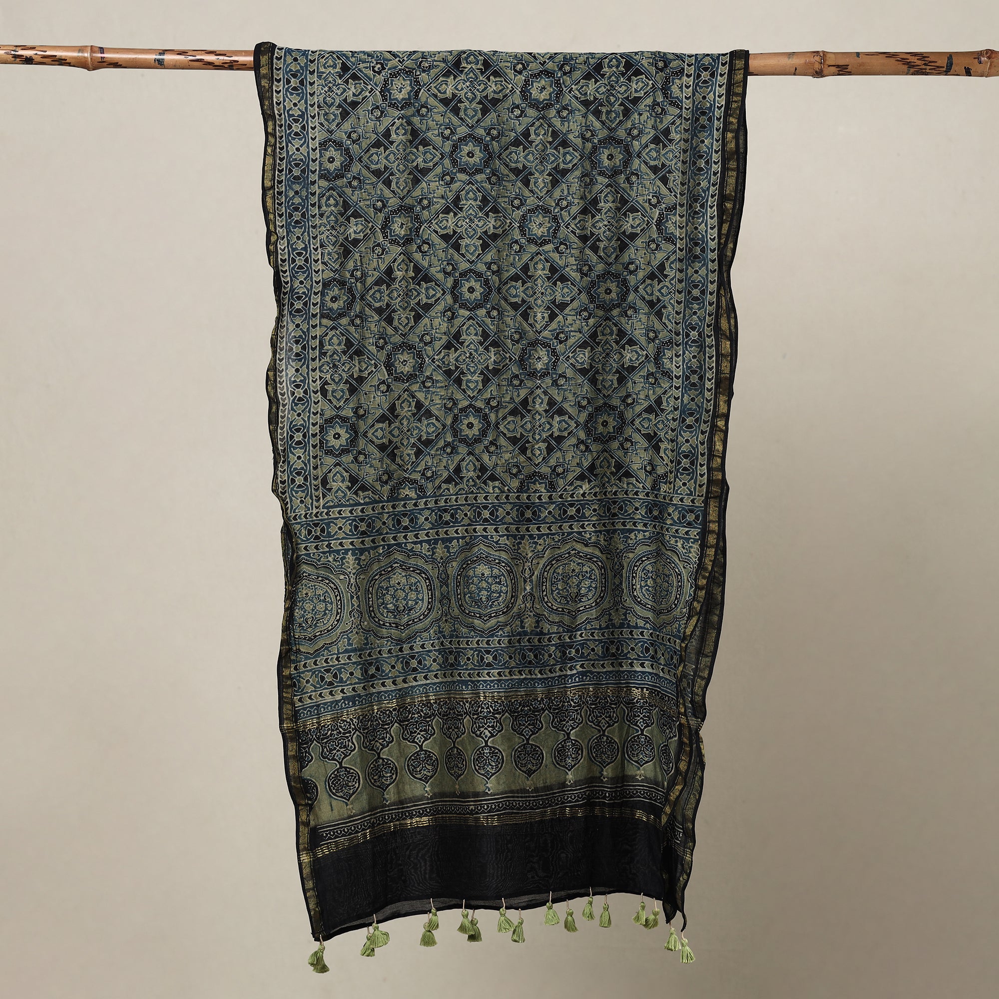 AJRAKH BY SUFIYAN ISMAIL KHATRI Blue - Ajrakh Hand Block Printed Chanderi Silk Handloom Stole with Tassels - view 2