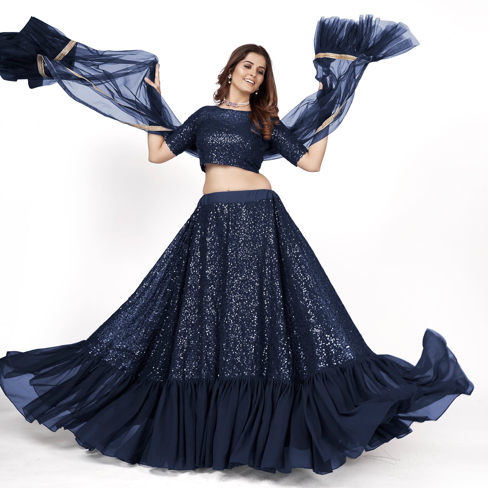 Peachmode Dark Blue Sequins Embroidered Georgette Lehenga Choli - view 4