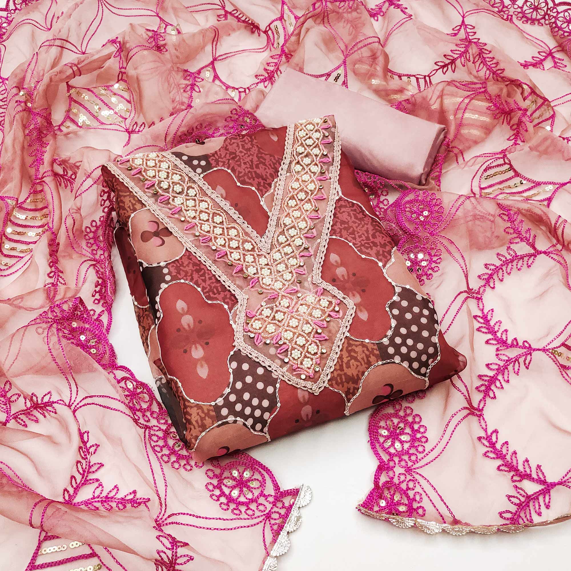 Peachmode Mauve Floral Printed Organza Dress Material