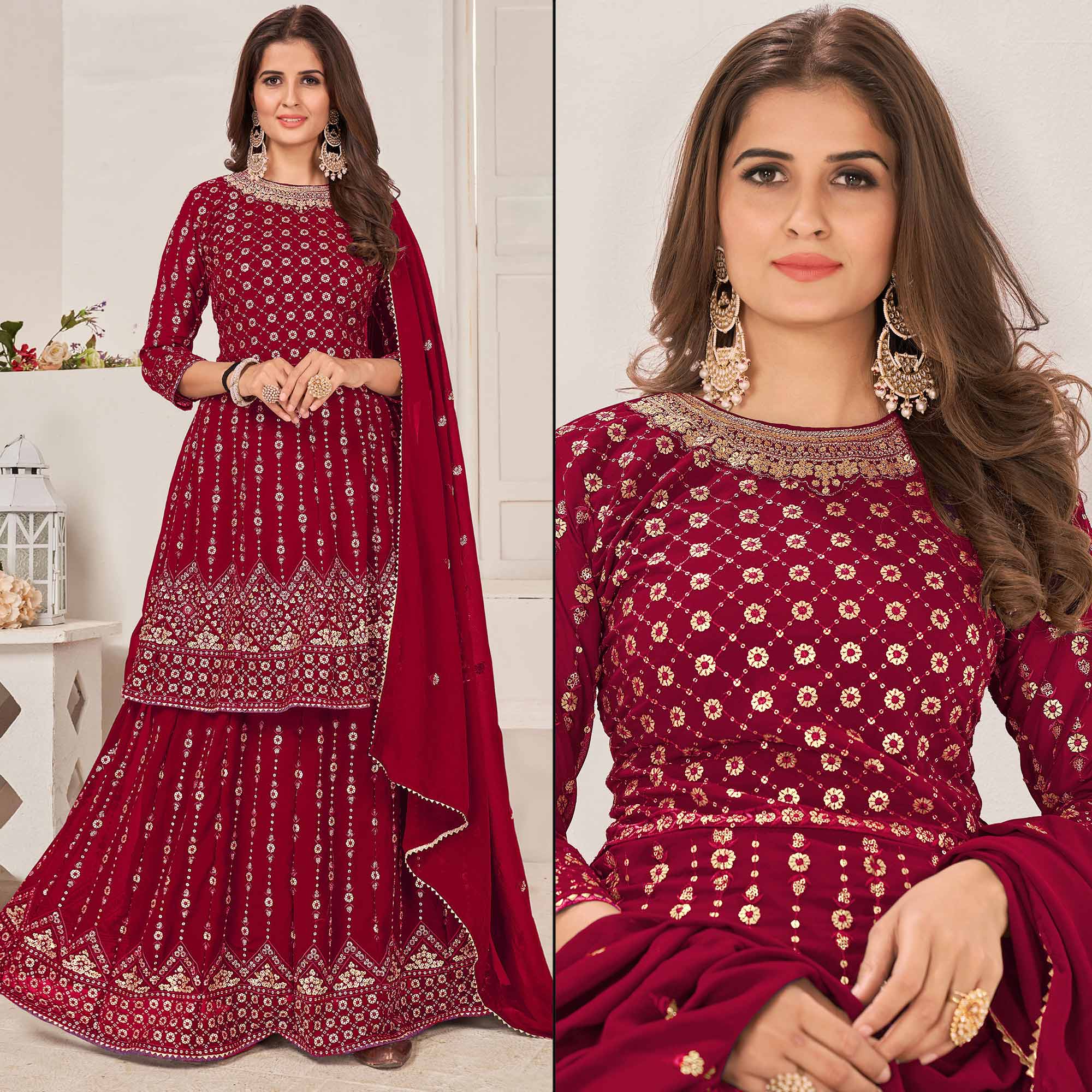 Peachmode Maroon Sequins Embroidered Georgette Sharara Suit