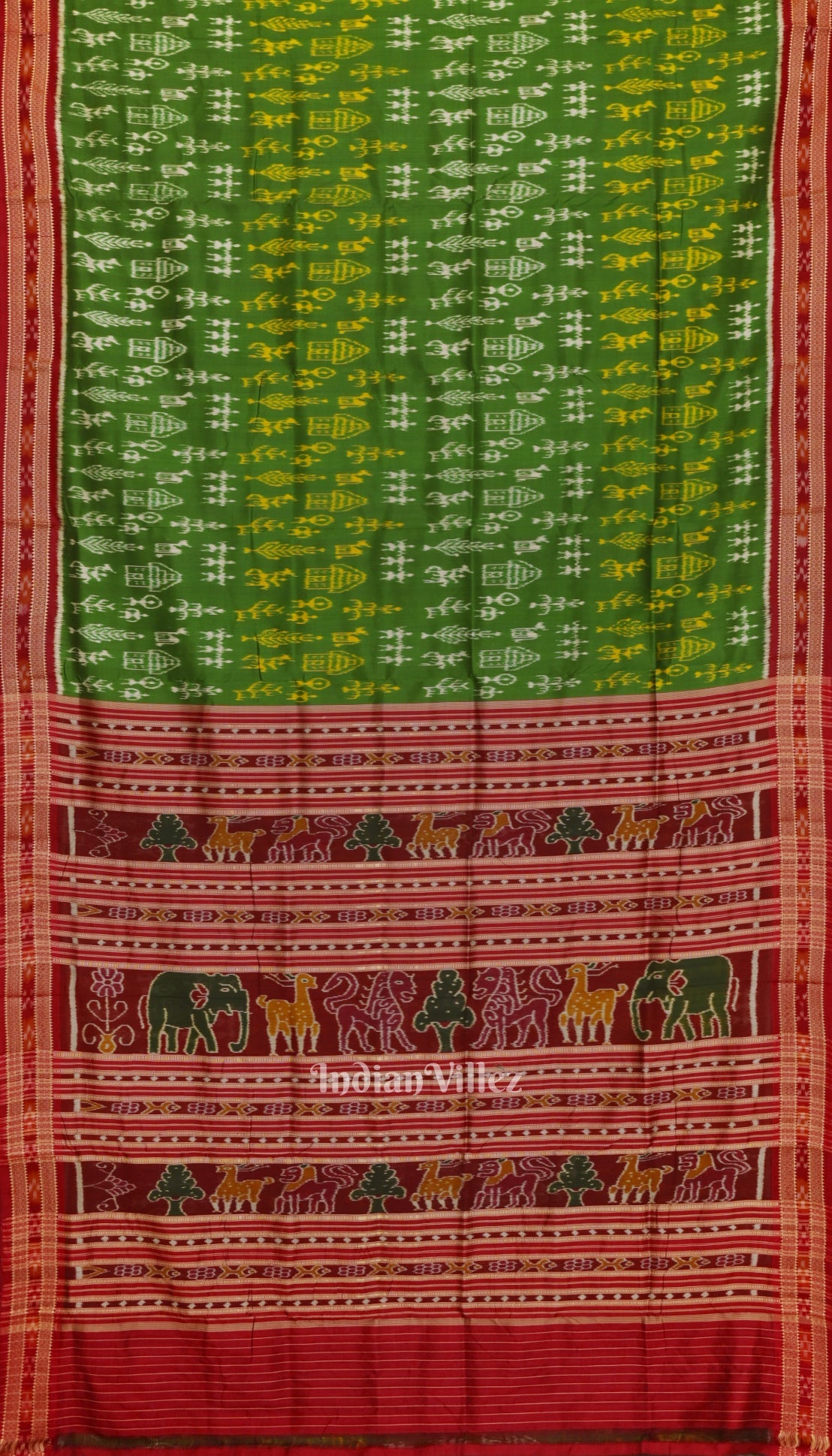 IndianVillèz Green Tribal Art Odisha Ikat Khandua Silk Saree